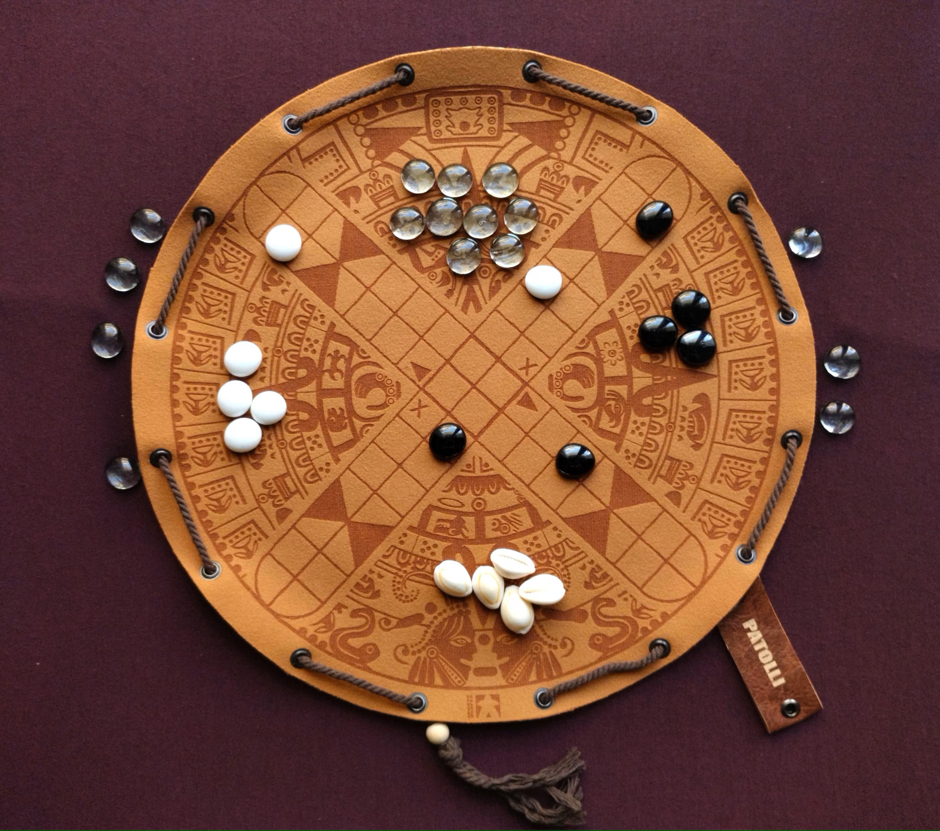 Patolli ancient Mayan historical board game in faux leather pouch, 35cm, 13.78inch diameter