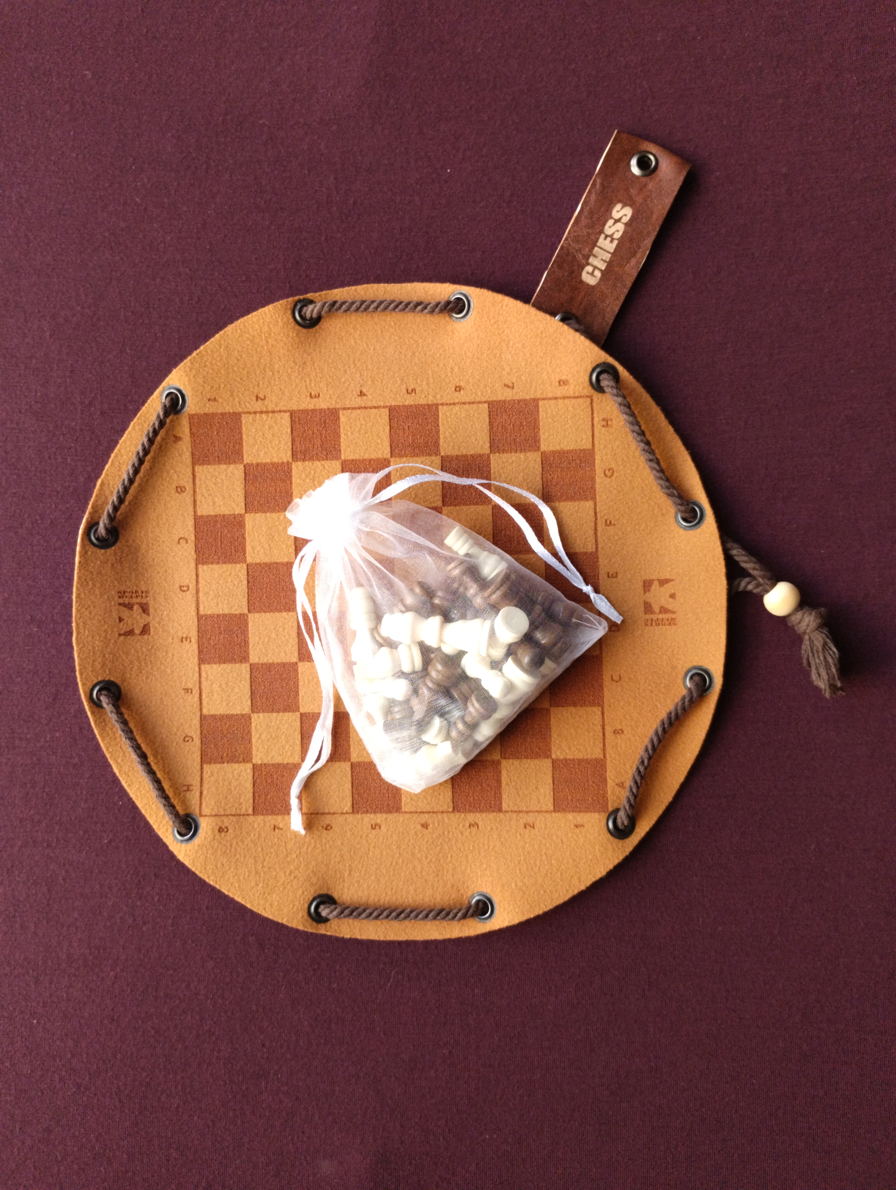Chess traditional historical board game in faux leather pouch, 22.5cm, 8.85inch diameter