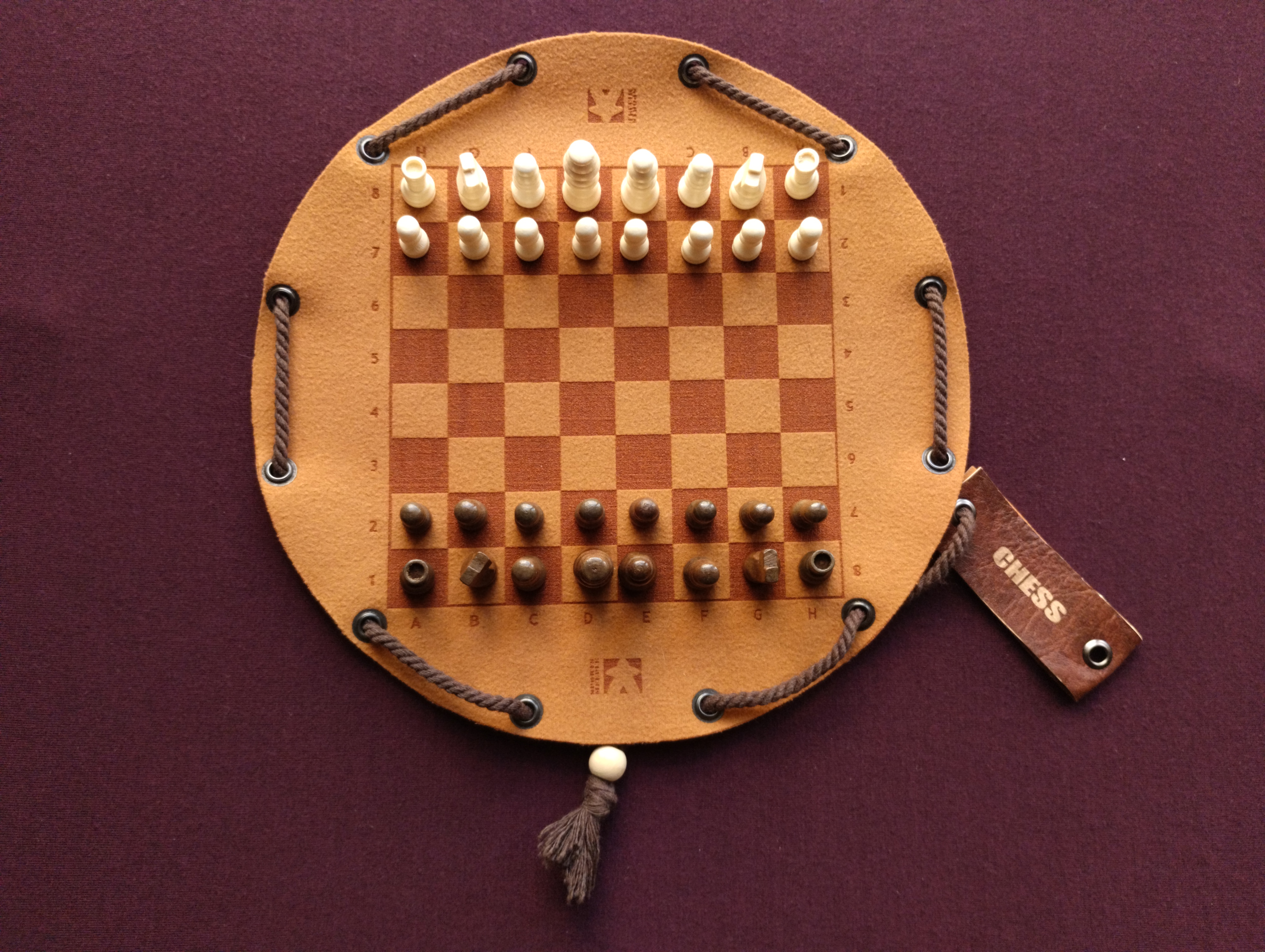 Chess traditional historical board game in faux leather pouch, 22.5cm, 8.85inch diameter