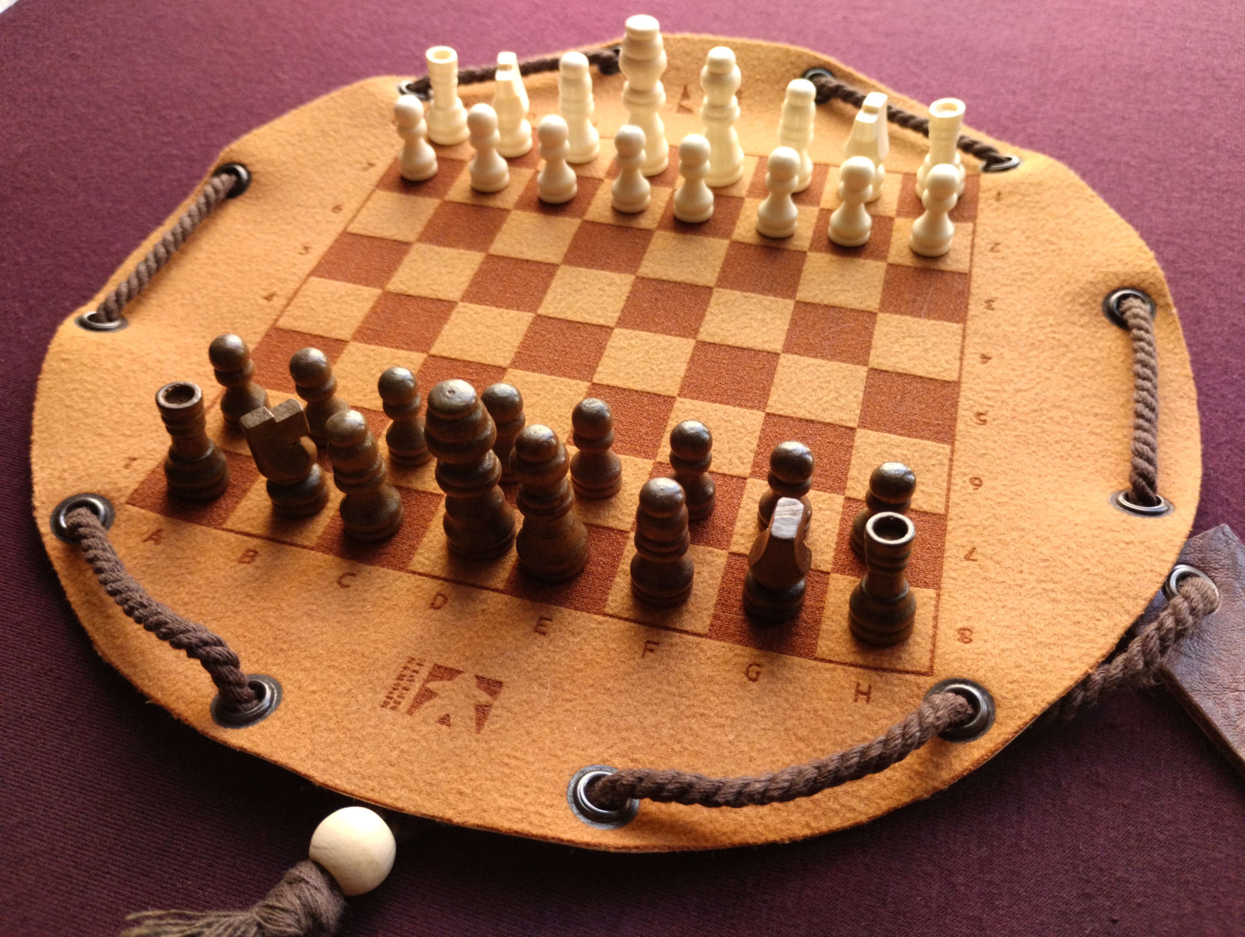 Chess traditional historical board game in faux leather pouch, 22.5cm, 8.85inch diameter