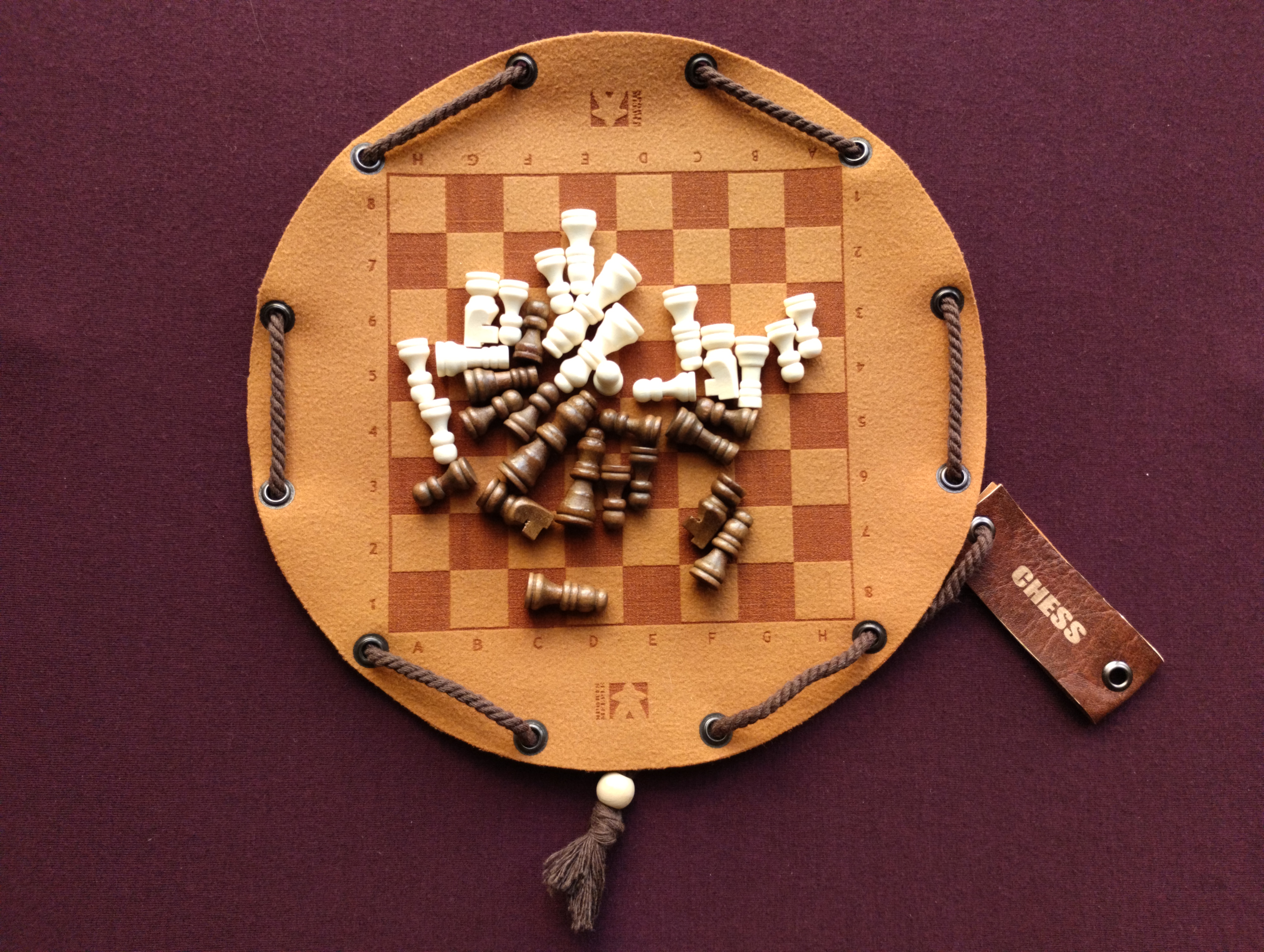 Chess traditional historical board game in faux leather pouch, 22.5cm, 8.85inch diameter