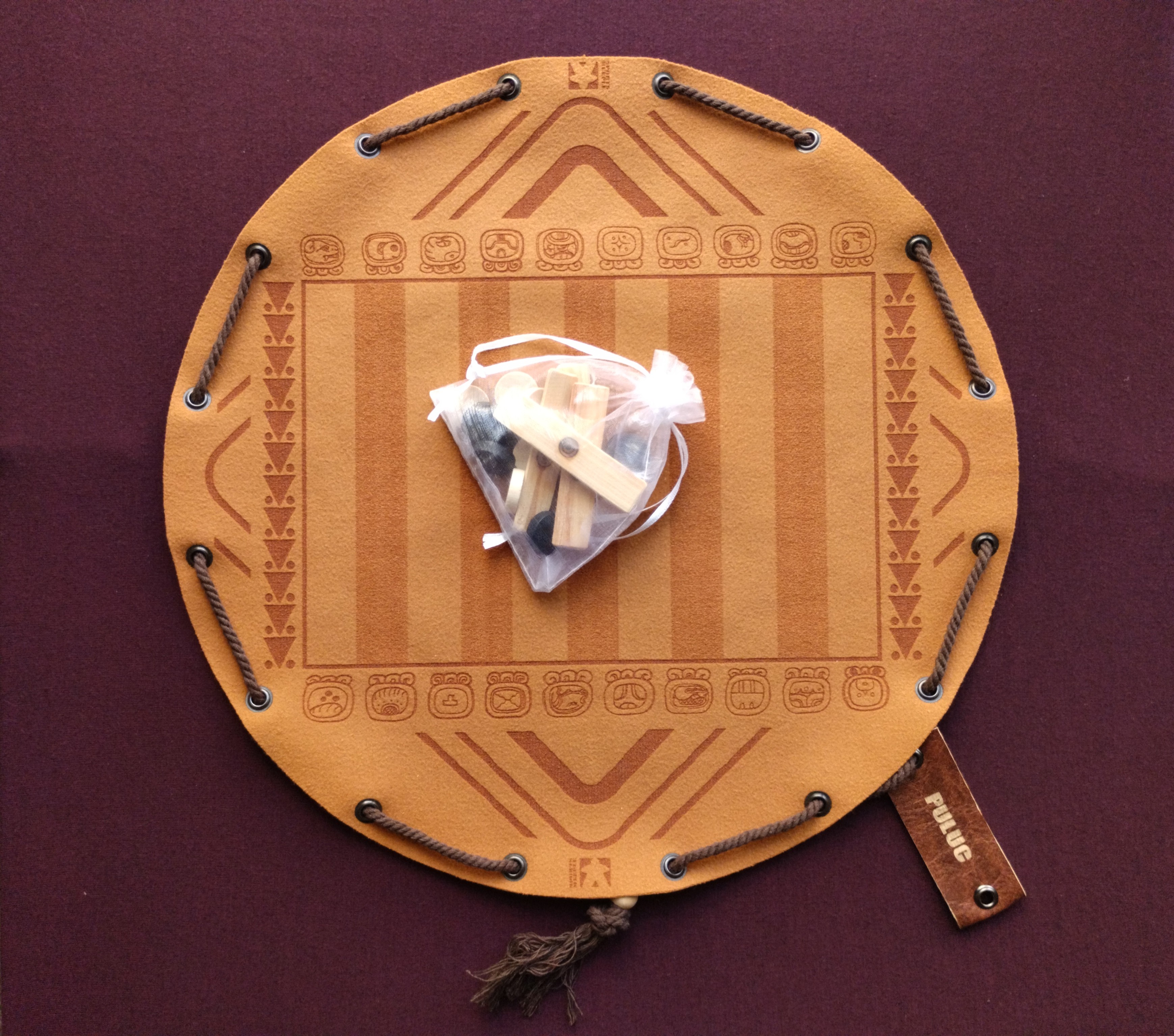 Puluc ancient Mayan historical board game in faux leather pouch, Bul Boolik Buul 35cm, 13.78inch diameter