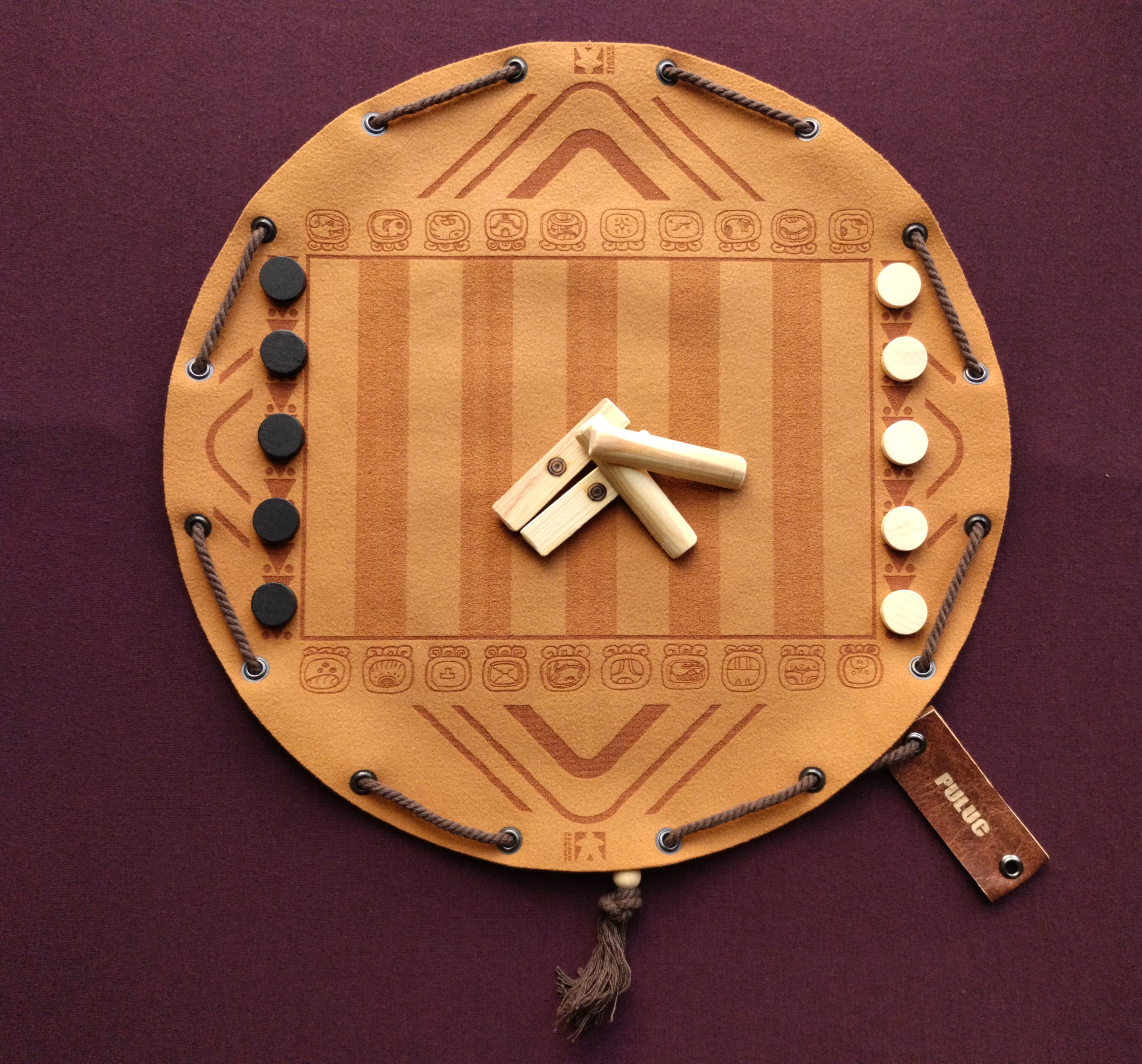Puluc ancient Mayan historical board game in faux leather pouch, Bul Boolik Buul 35cm, 13.78inch diameter