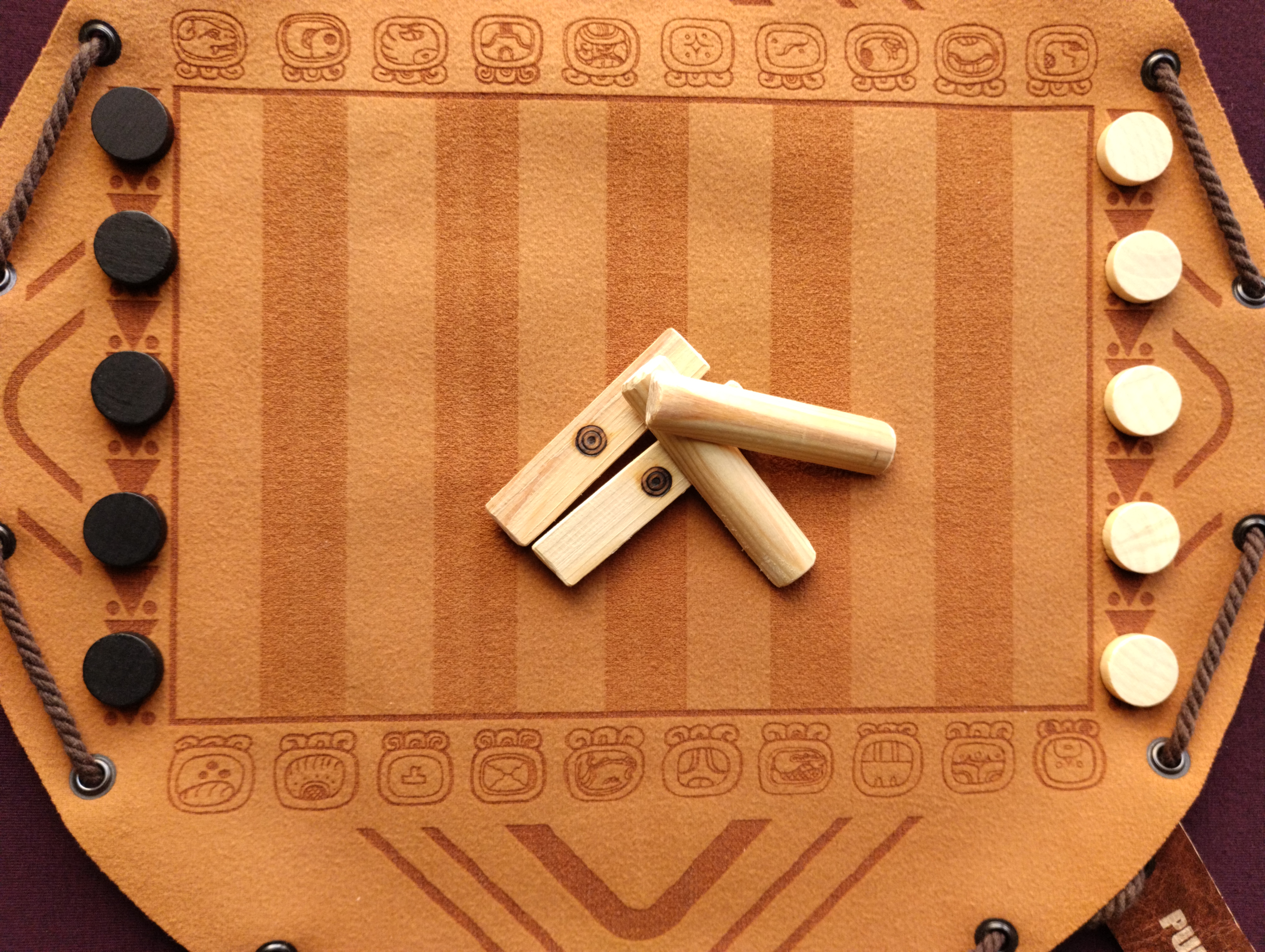 Puluc ancient Mayan historical board game in faux leather pouch, Bul Boolik Buul 35cm, 13.78inch diameter