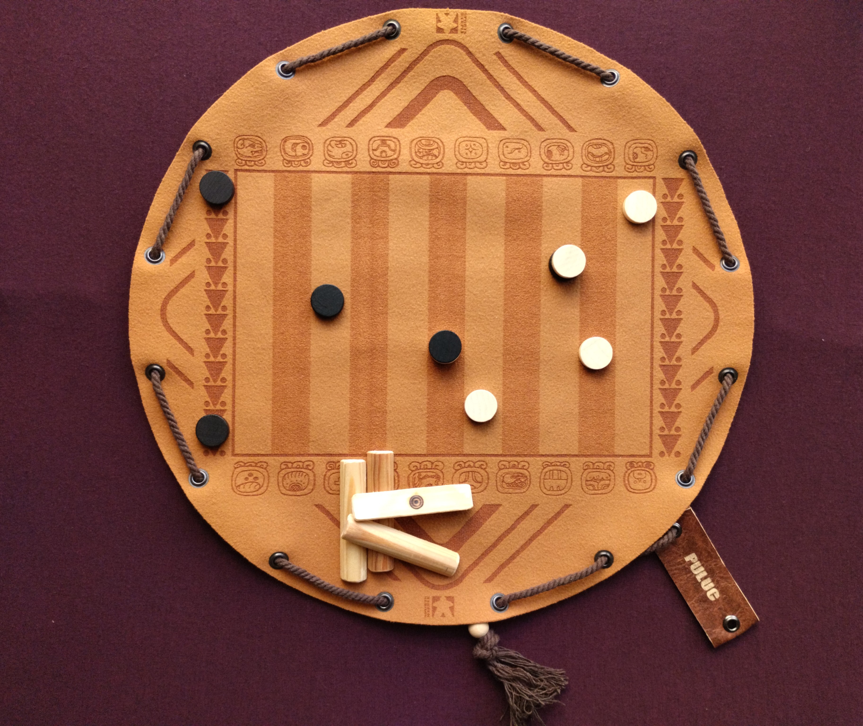 Puluc ancient Mayan historical board game in faux leather pouch, Bul Boolik Buul 35cm, 13.78inch diameter