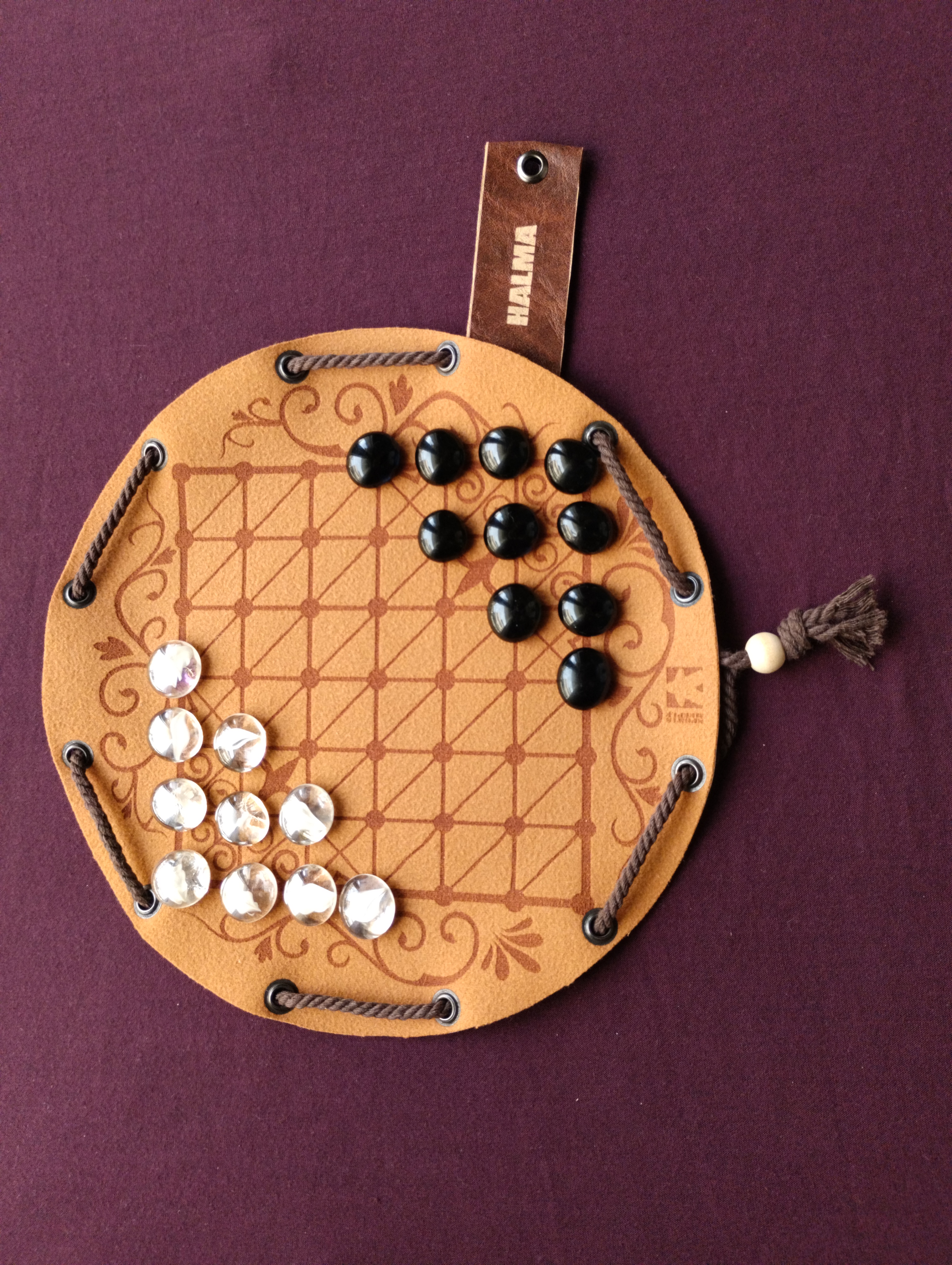 Halma traditional historical board game in faux leather pouch, 22.5cm, 8.85inch diameter