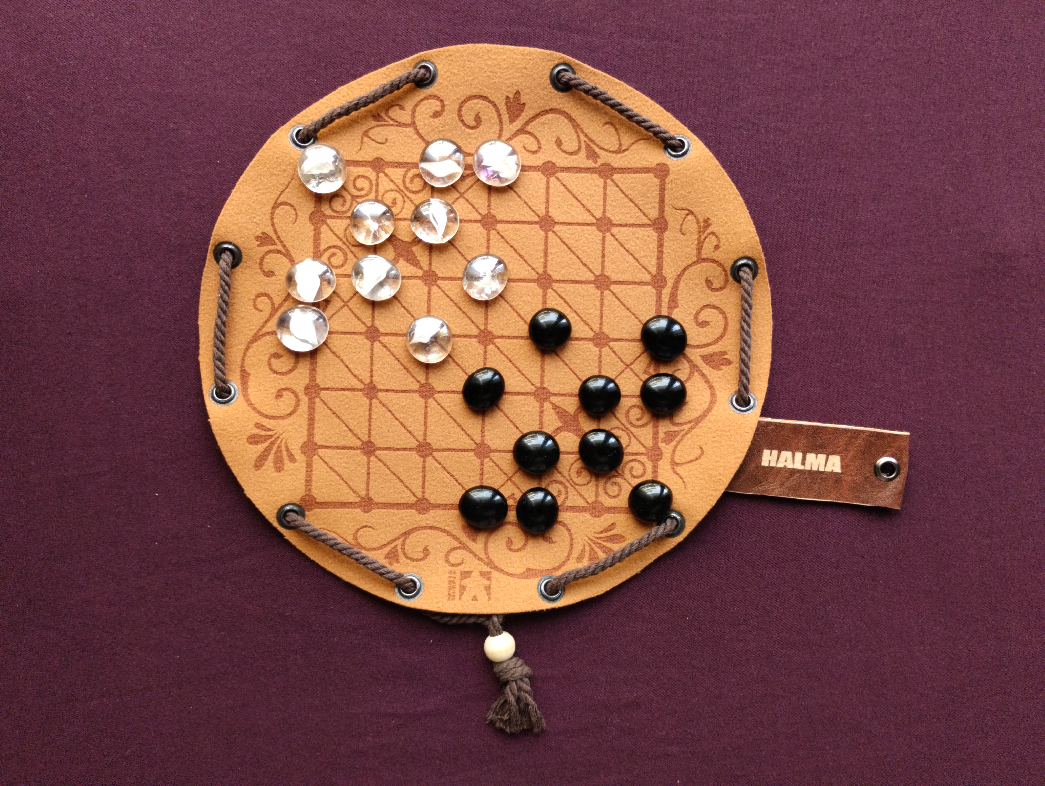 Halma traditional historical board game in faux leather pouch, 22.5cm, 8.85inch diameter