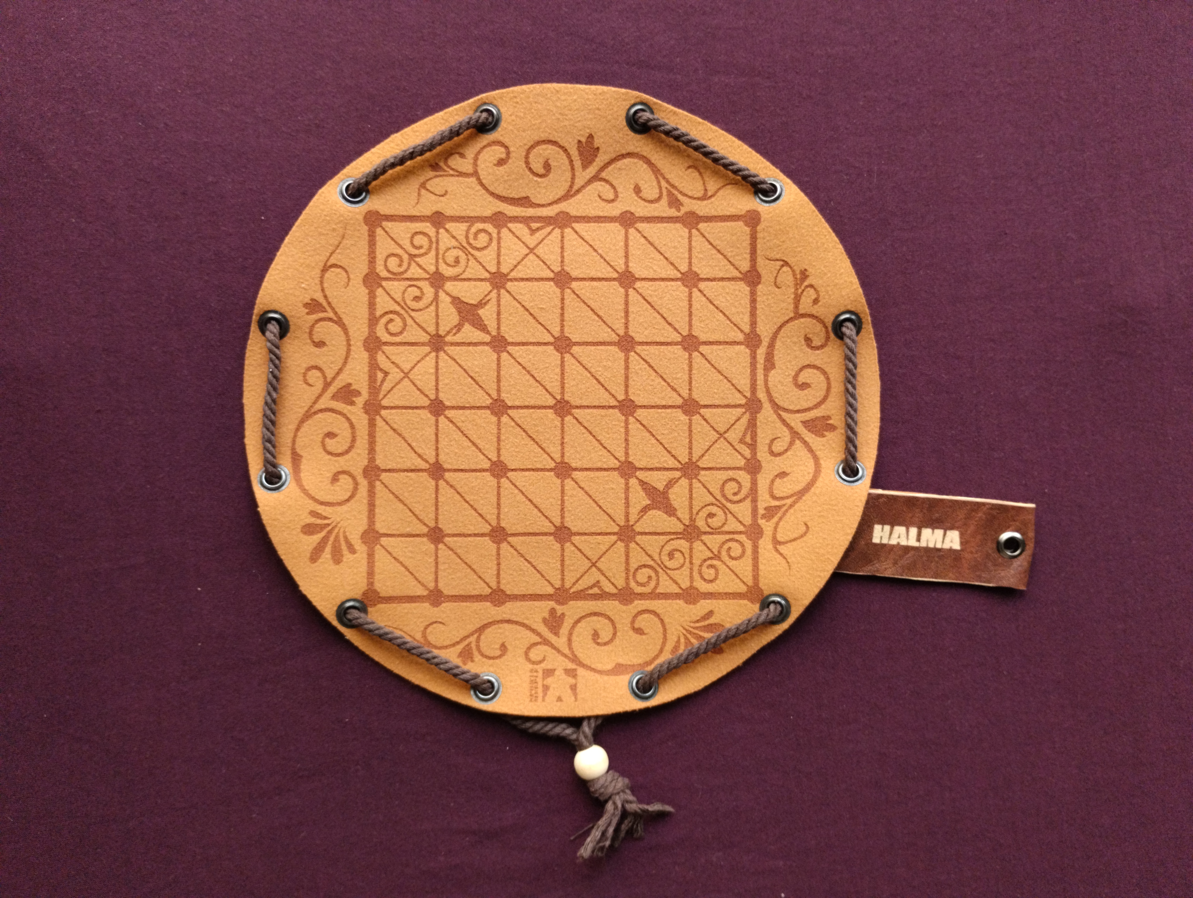 Halma traditional historical board game in faux leather pouch, 22.5cm, 8.85inch diameter