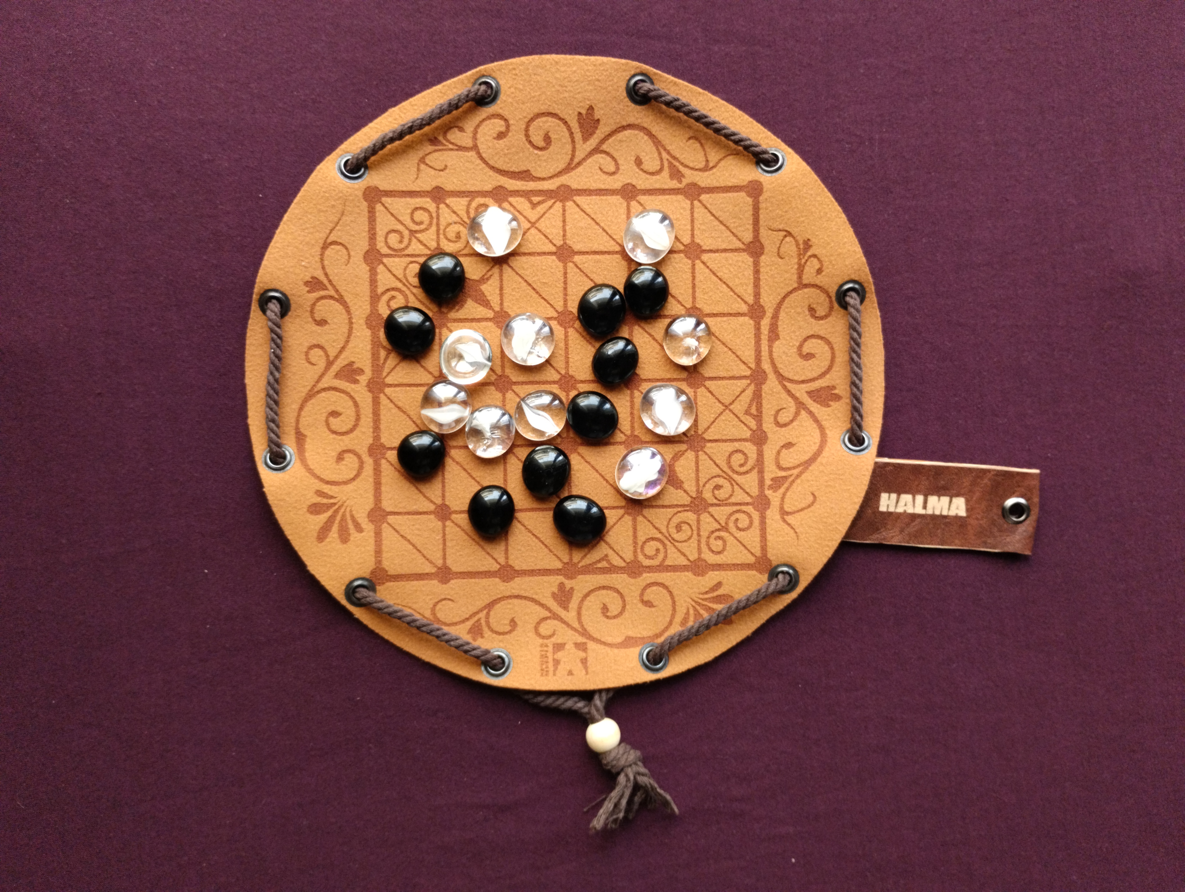 Halma traditional historical board game in faux leather pouch, 22.5cm, 8.85inch diameter