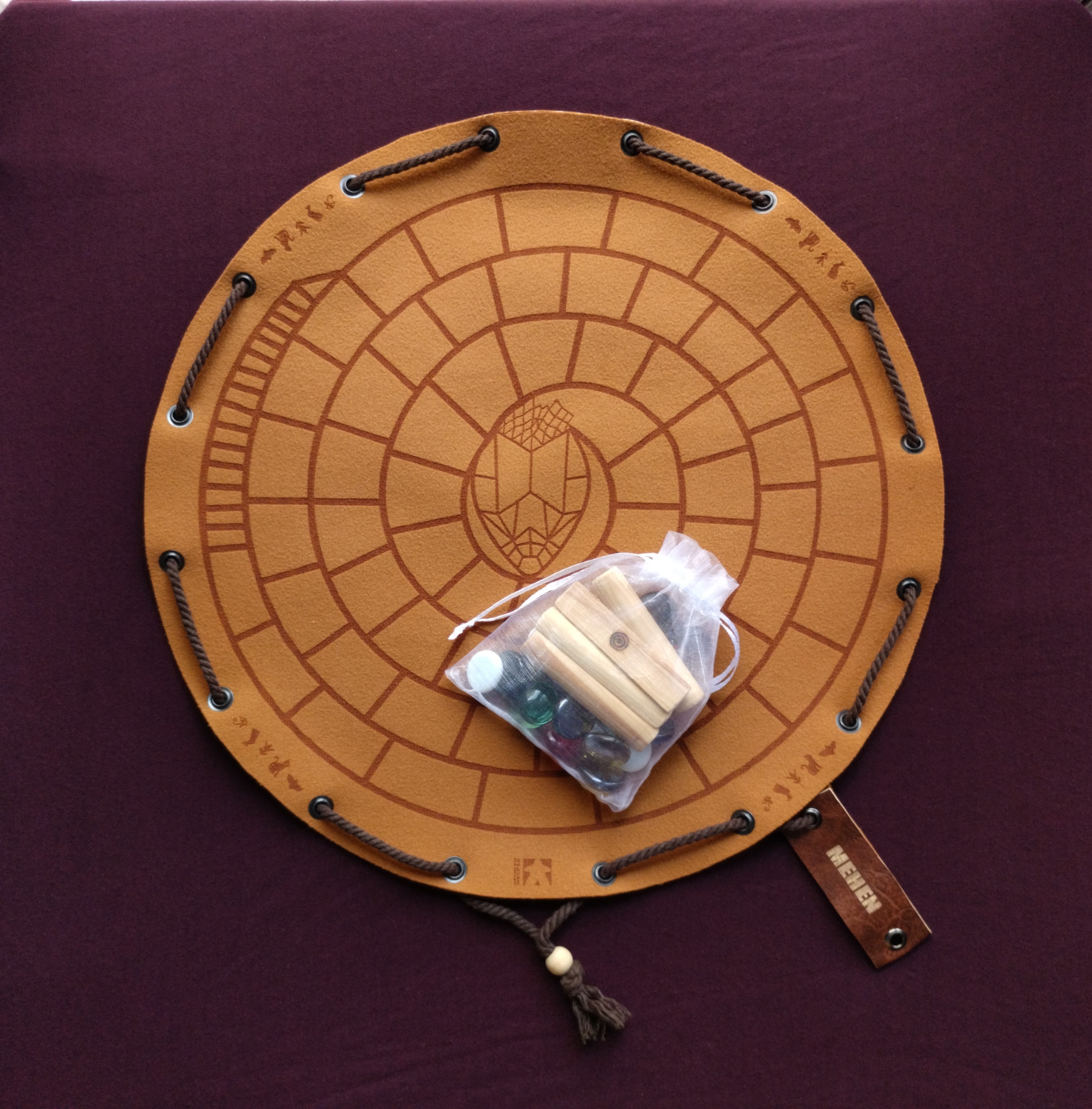 Mehen historical ancient egyptian board game in faux leather pouch, 35cm, 13.78inch diameter