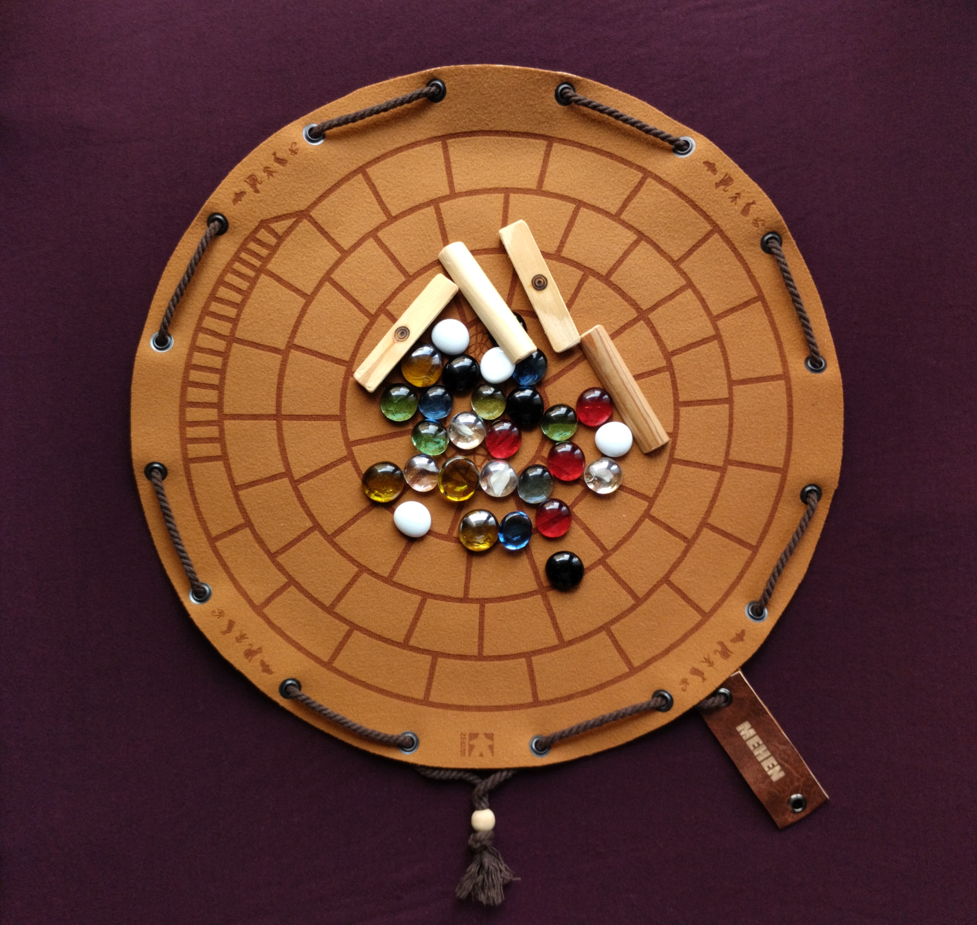 Mehen historical ancient egyptian board game in faux leather pouch, 35cm, 13.78inch diameter