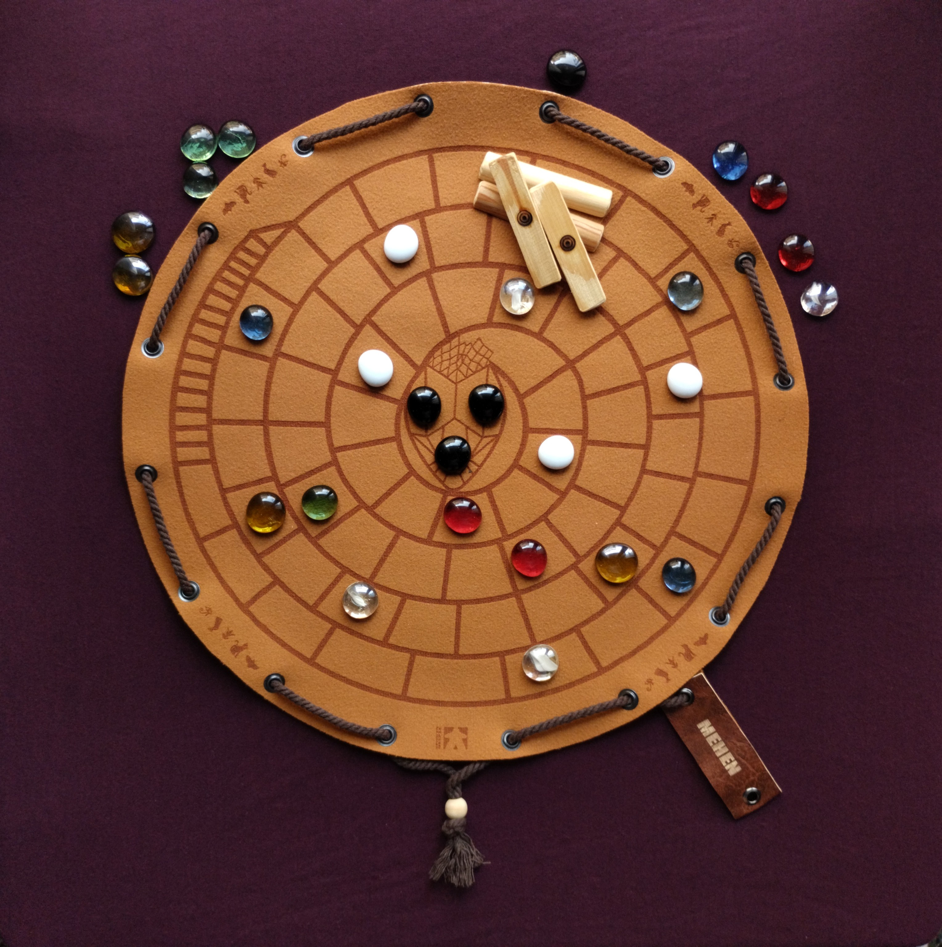 Mehen historical ancient egyptian board game in faux leather pouch, 35cm, 13.78inch diameter