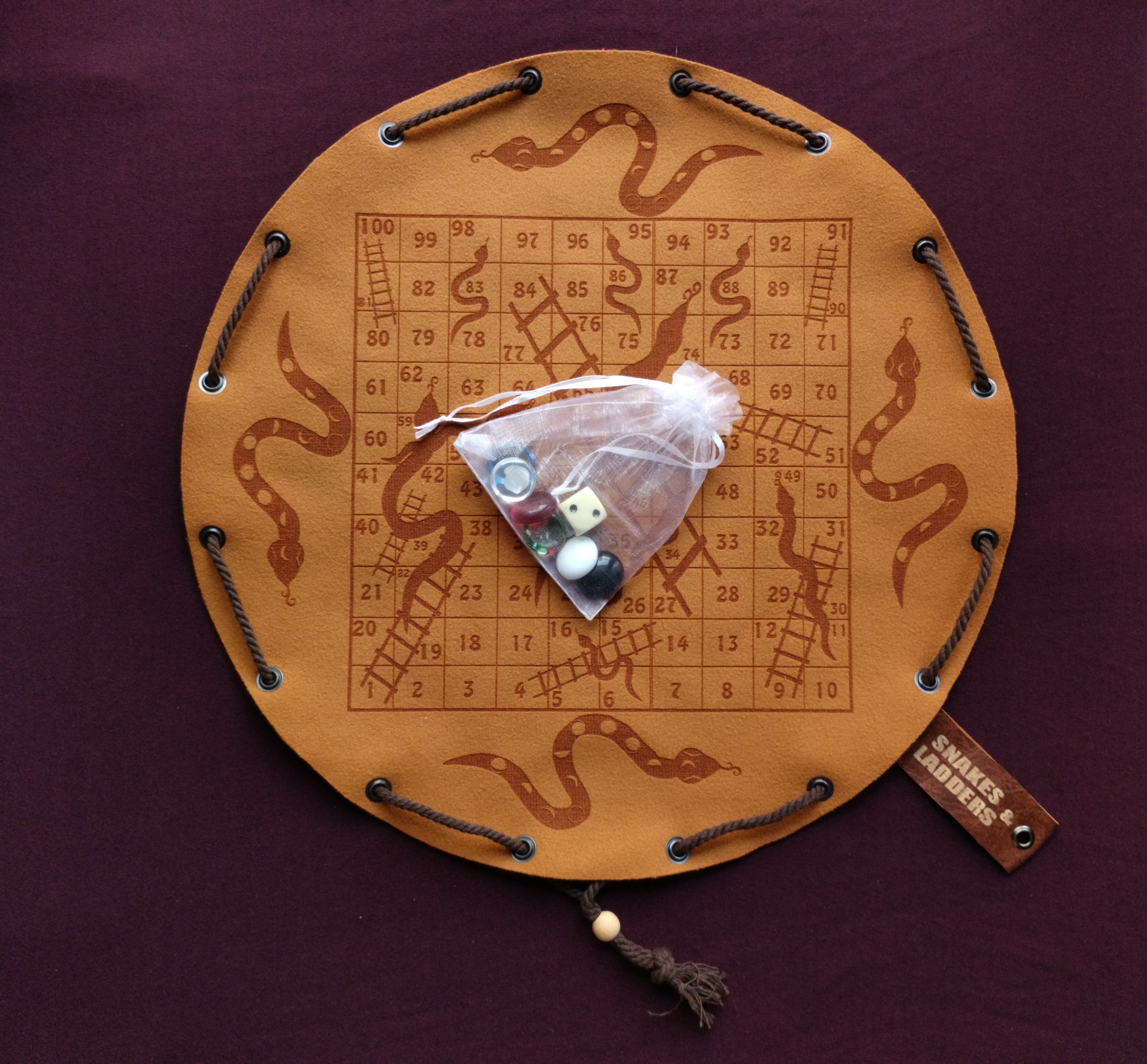 Snakes and Ladders - board game in faux leather pouch, 35 cm / 13.78 inches diameter