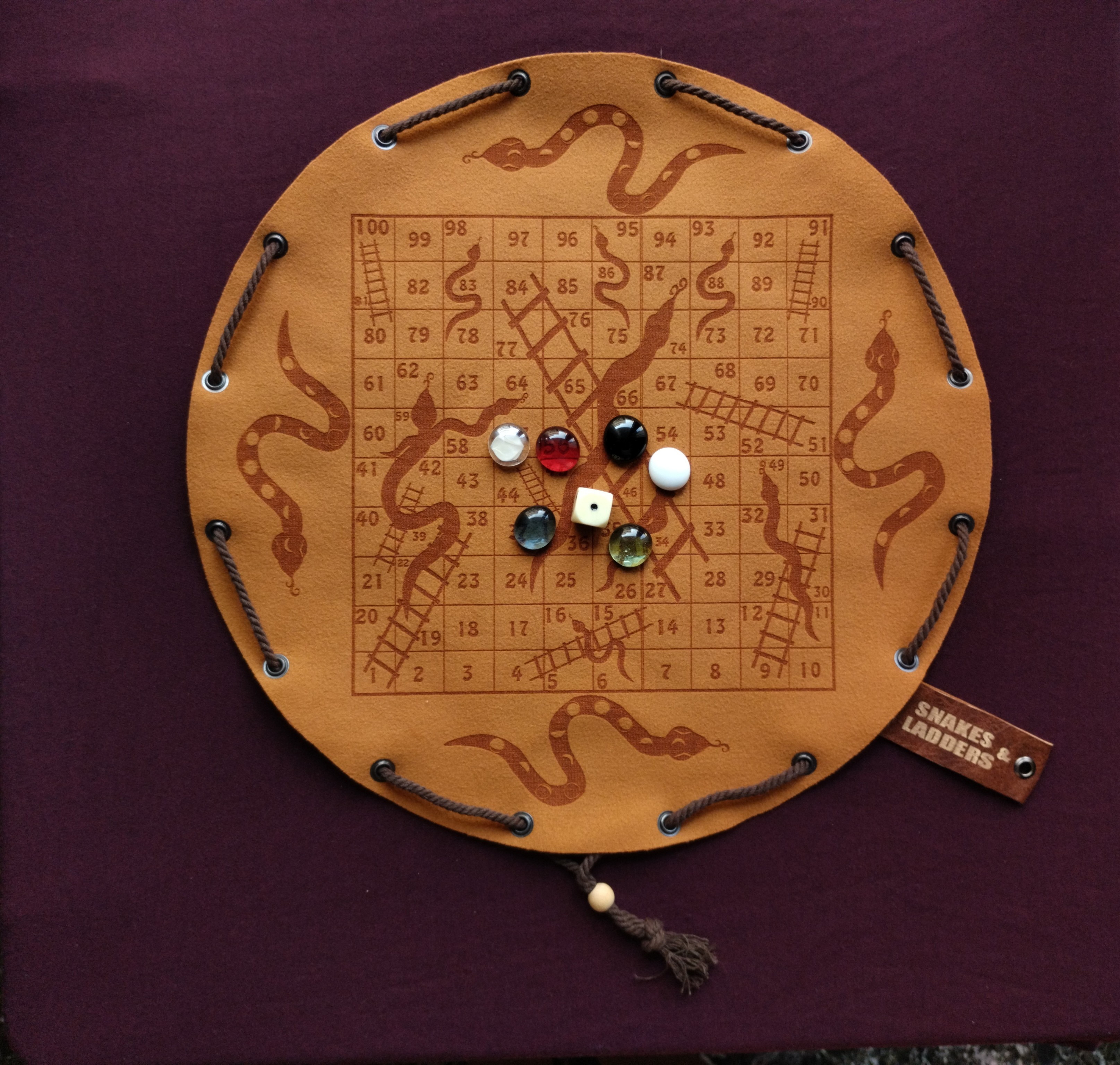 Snakes and Ladders - board game in faux leather pouch, 35 cm / 13.78 inches diameter