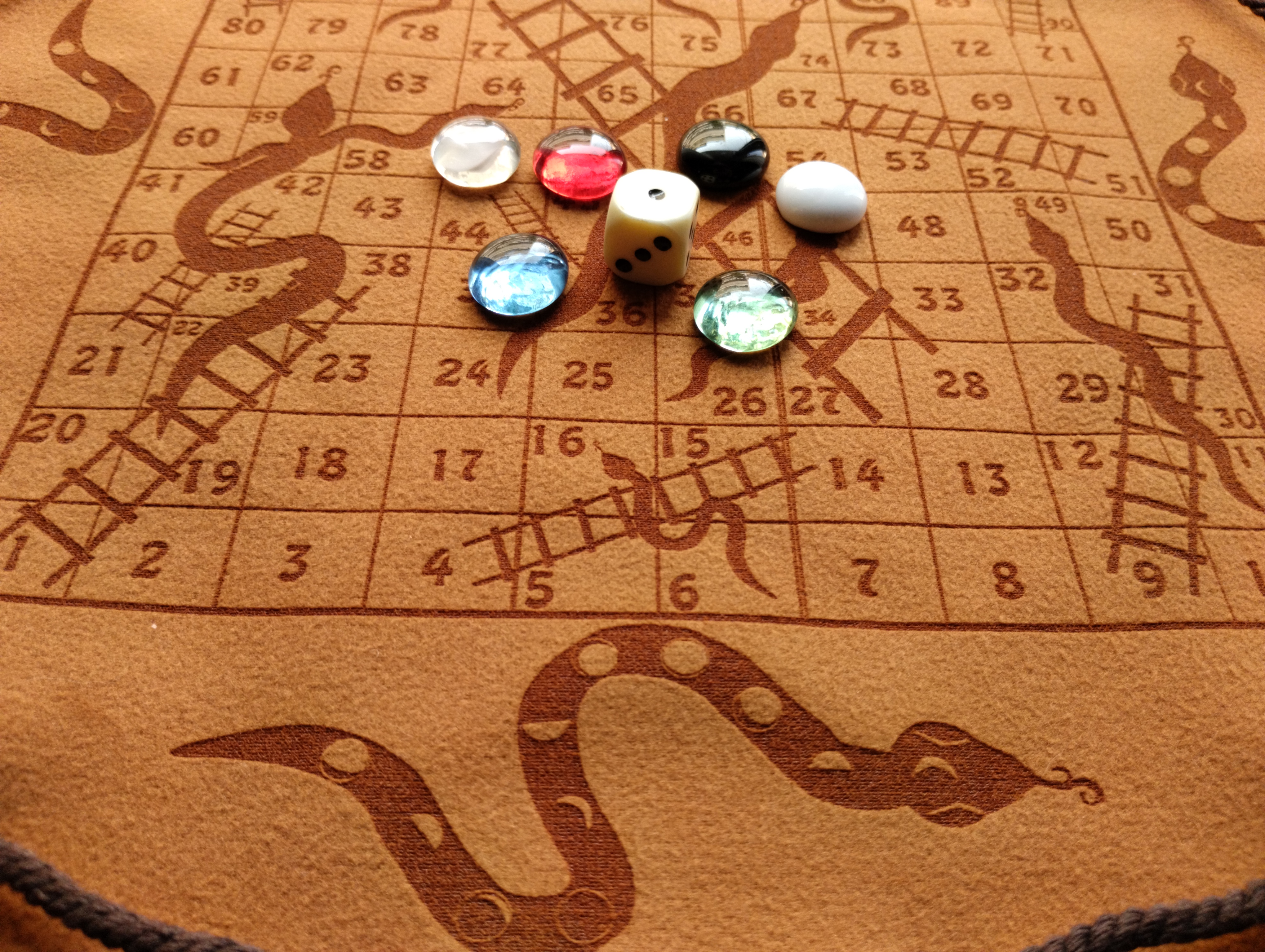 Snakes and Ladders - board game in faux leather pouch, 35 cm / 13.78 inches diameter
