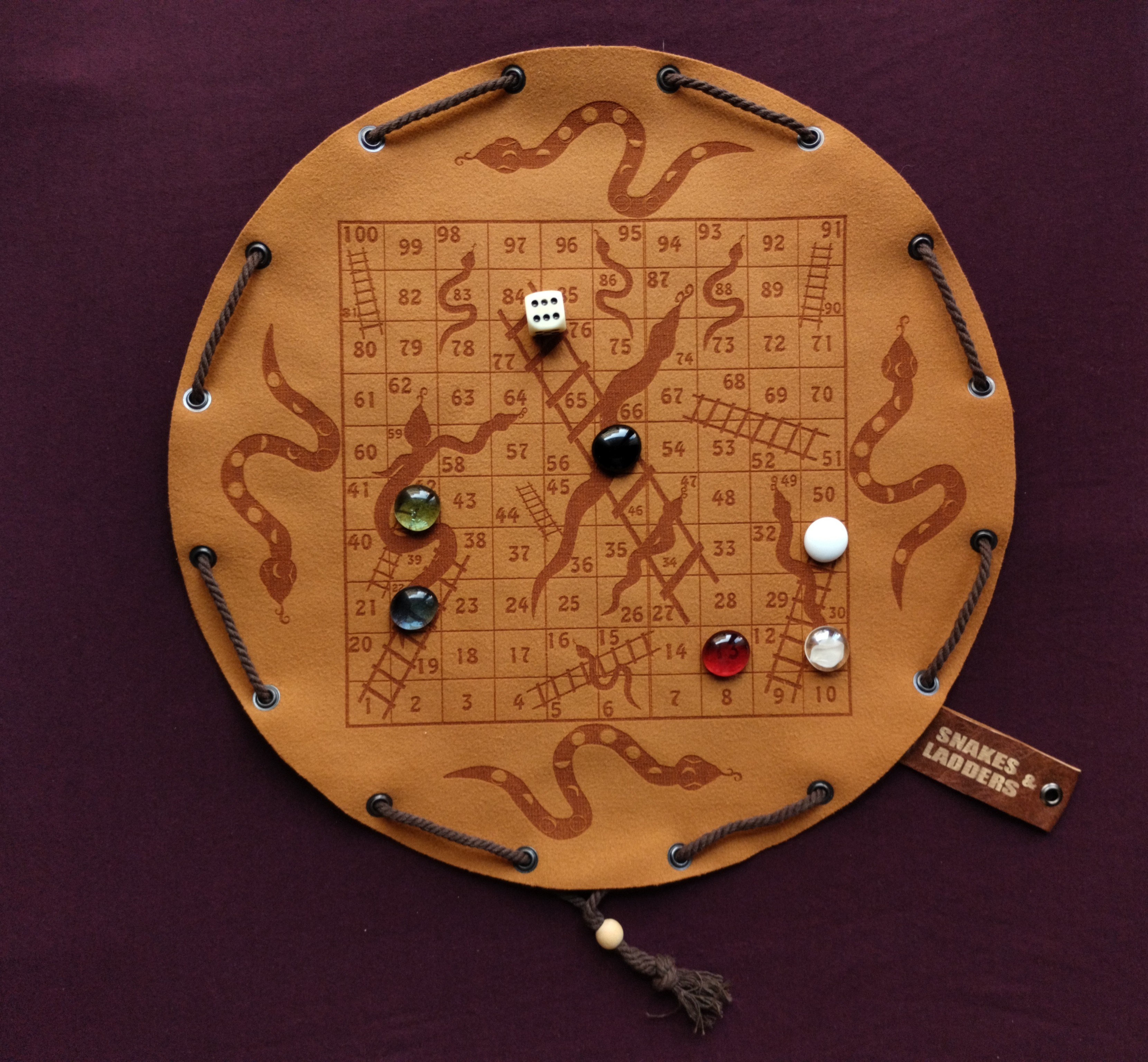 Snakes and Ladders - board game in faux leather pouch, 35 cm / 13.78 inches diameter