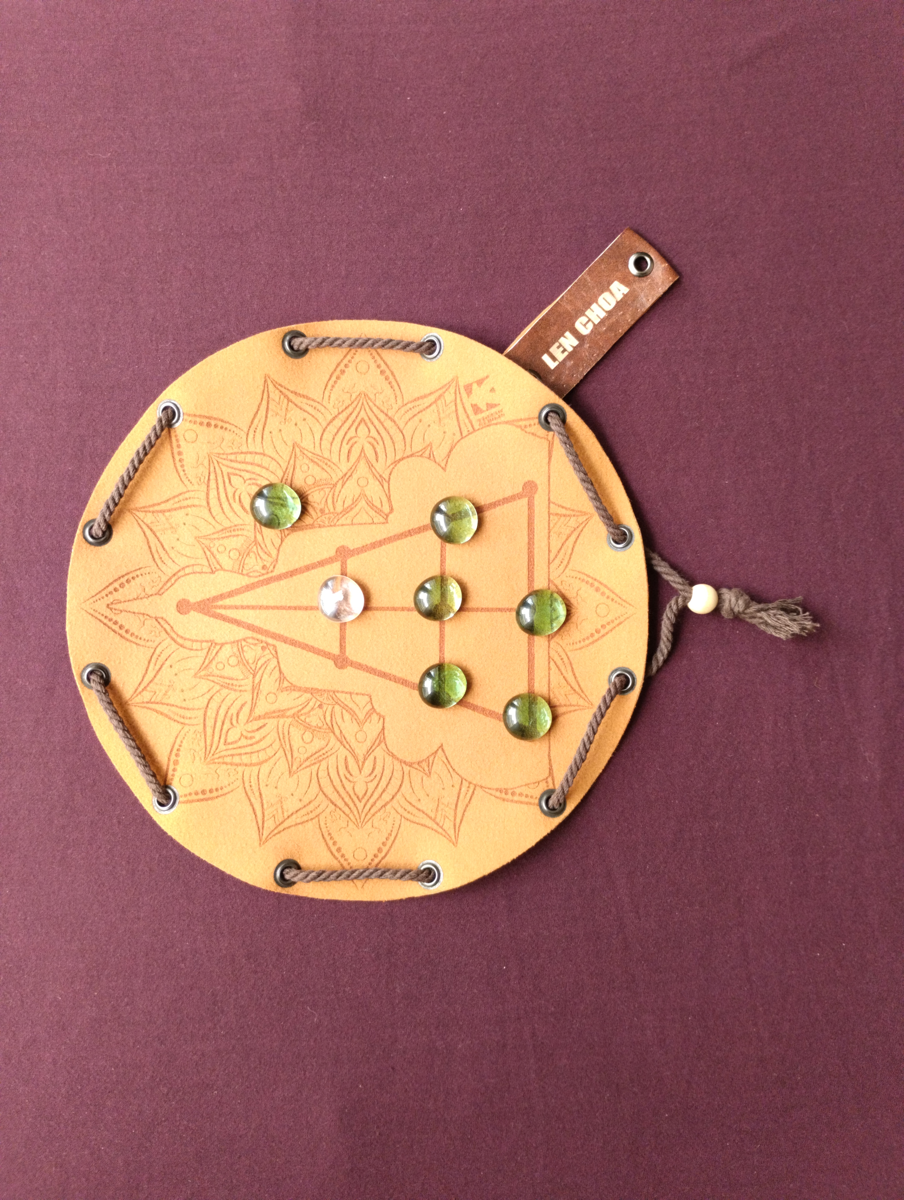 Len Choa Thailand ancient historic board game in faux leather pouch, 22.5cm, 8.85inch diameter