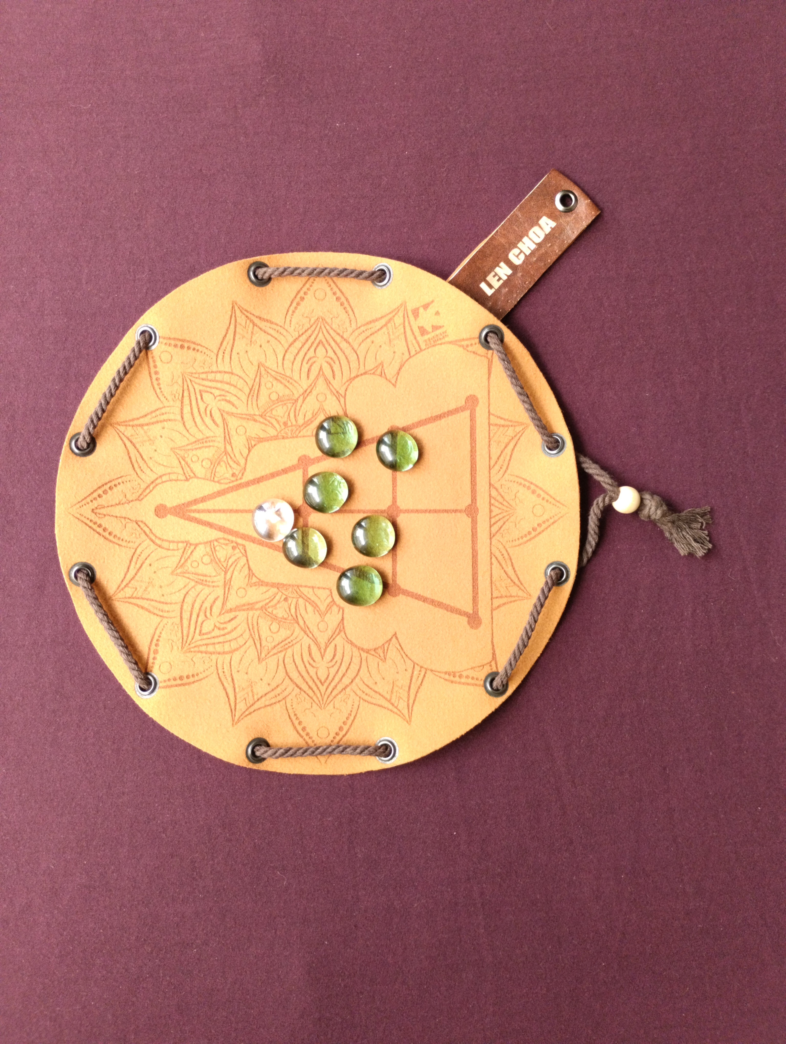 Len Choa Thailand ancient historic board game in faux leather pouch, 22.5cm, 8.85inch diameter