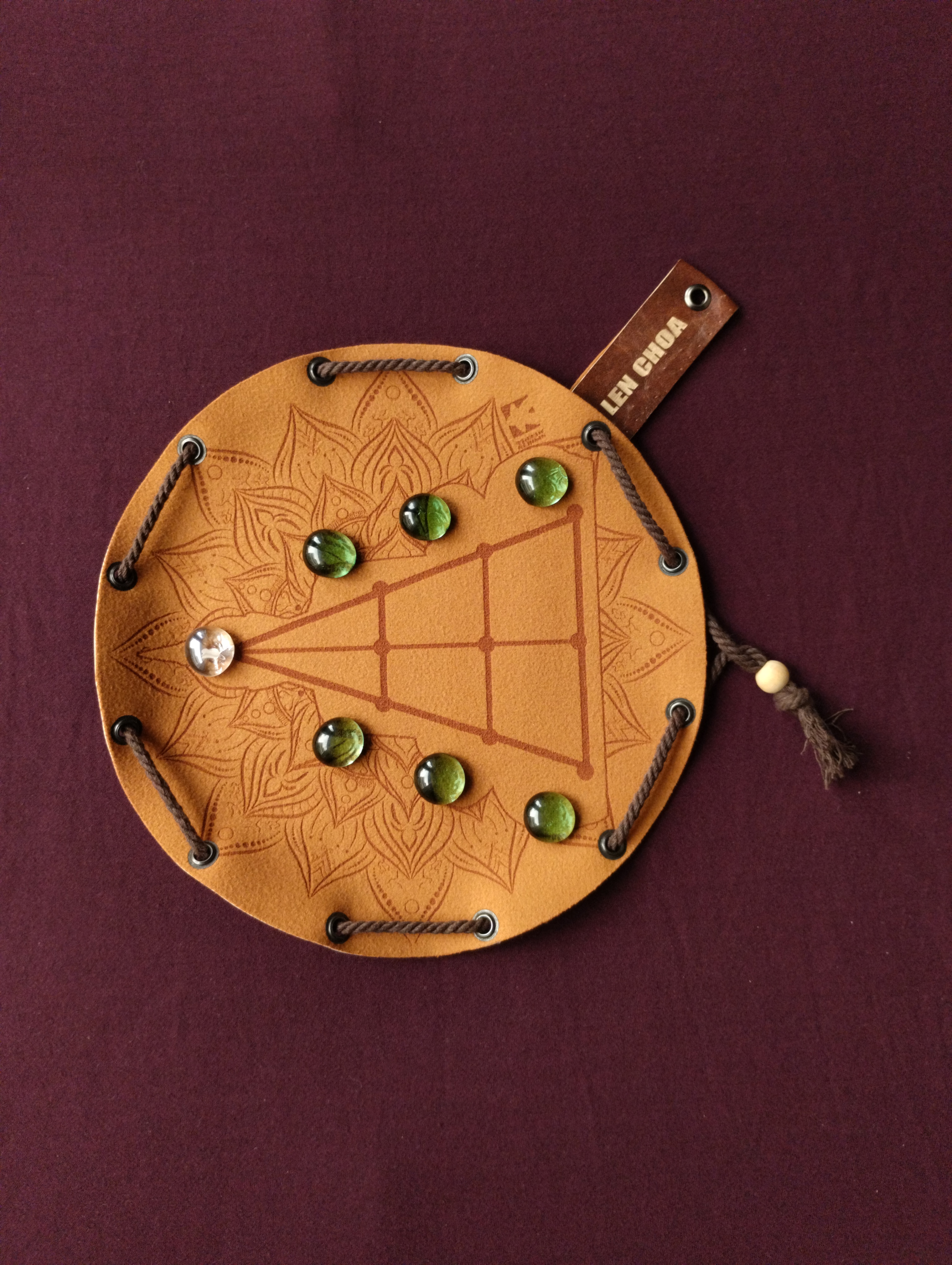 Len Choa Thailand ancient historic board game in faux leather pouch, 22.5cm, 8.85inch diameter