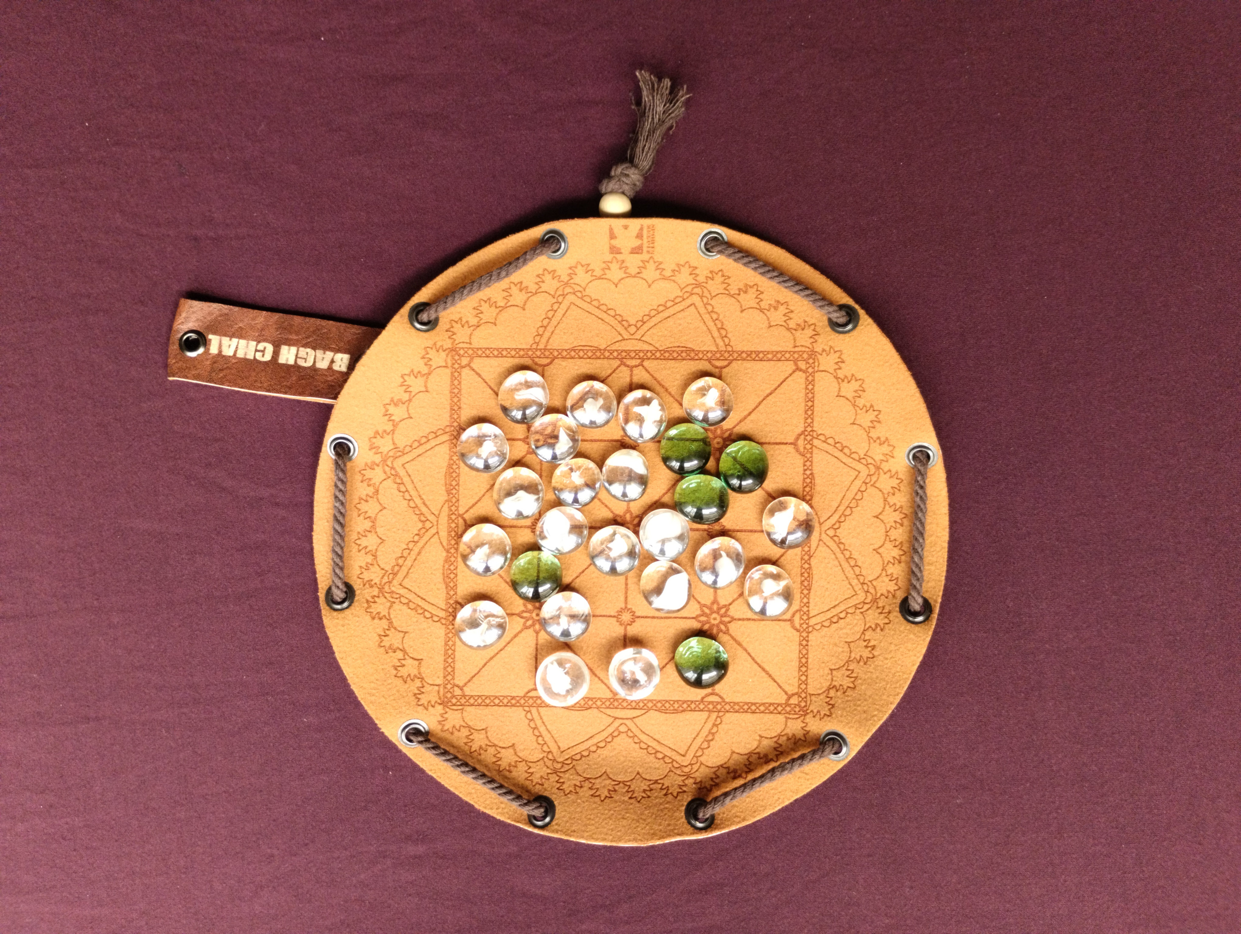 Bagh Chal Tigers and Goats nepalese ancient historic board game in faux leather pouch, 22.5cm, 8.85inch diameter