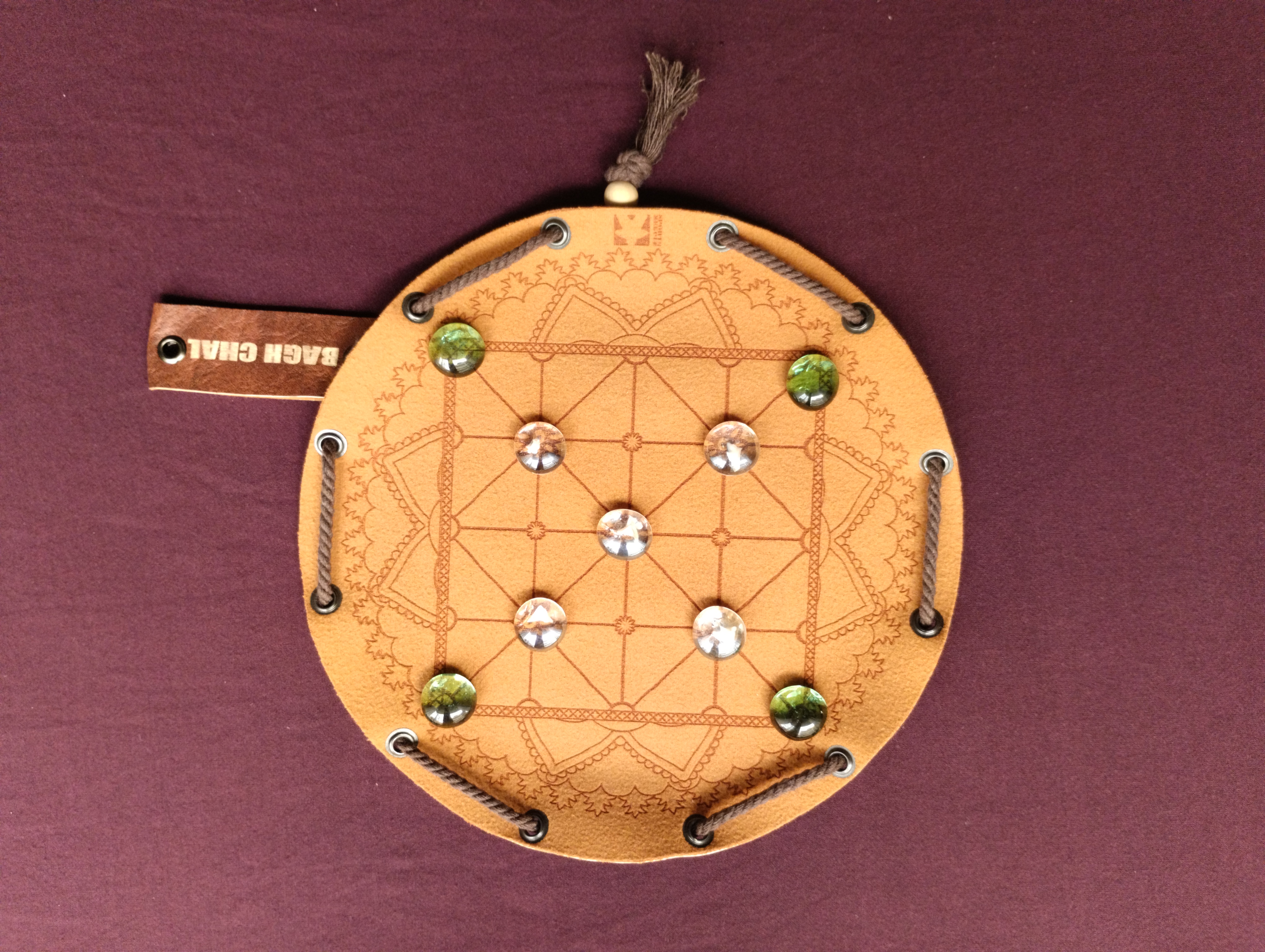 Bagh Chal Tigers and Goats nepalese ancient historic board game in faux leather pouch, 22.5cm, 8.85inch diameter