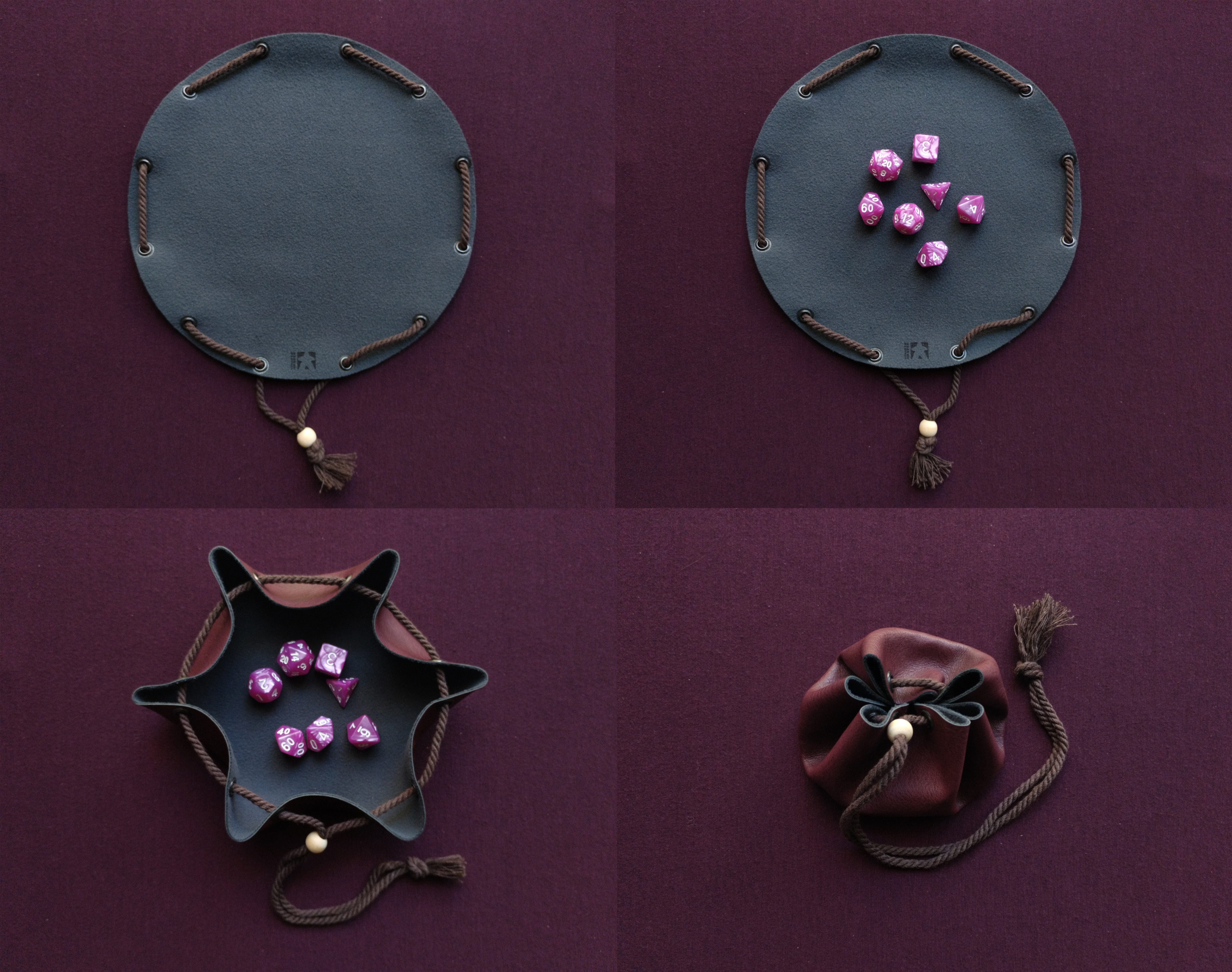 Drawstring leather dice bag pouch & dice tray set of 7 dice dnd rpg d20