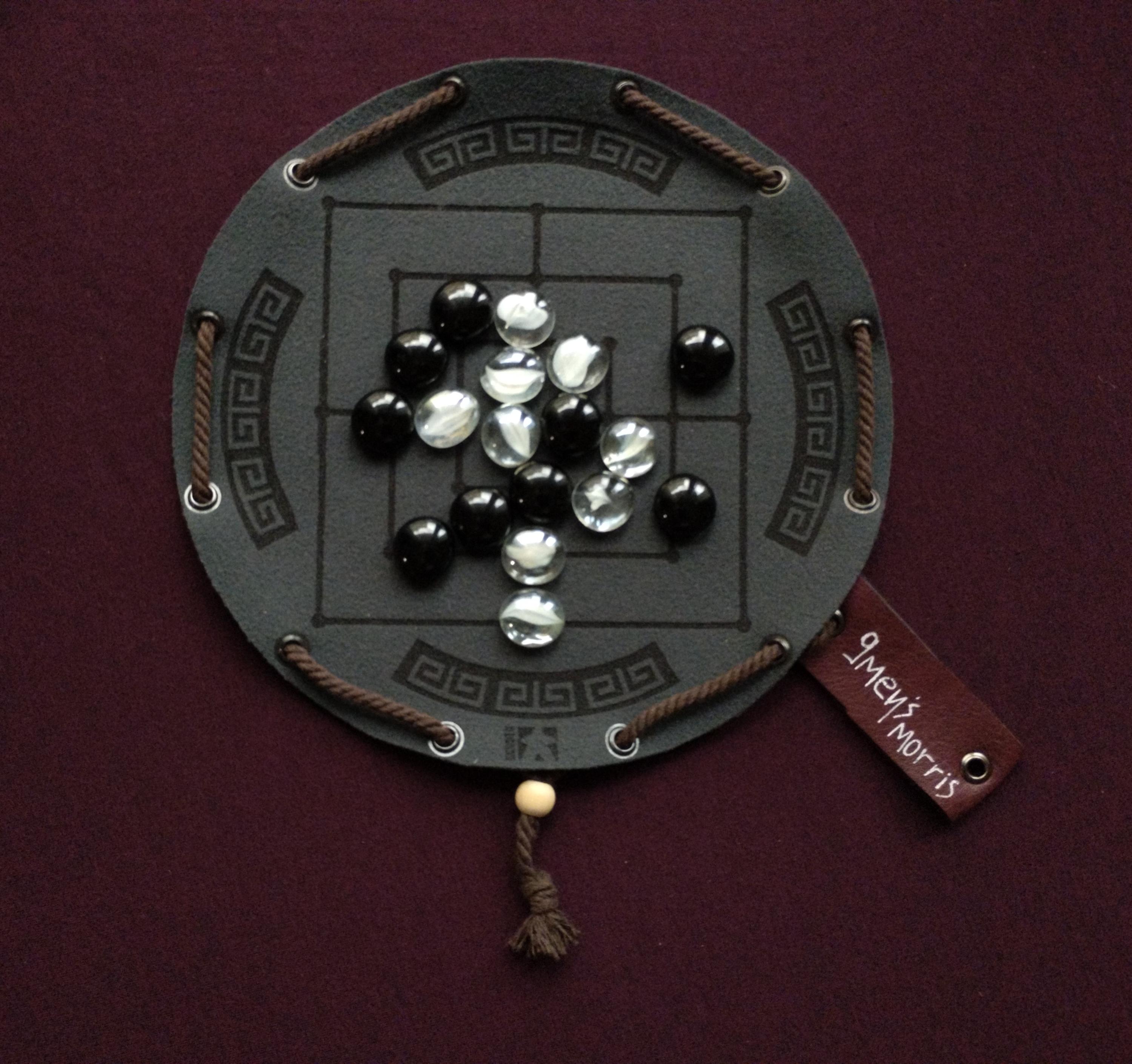 Nine Men's Morris ancient roman board game in dark green faux leather pouch, travel, portable, LARP