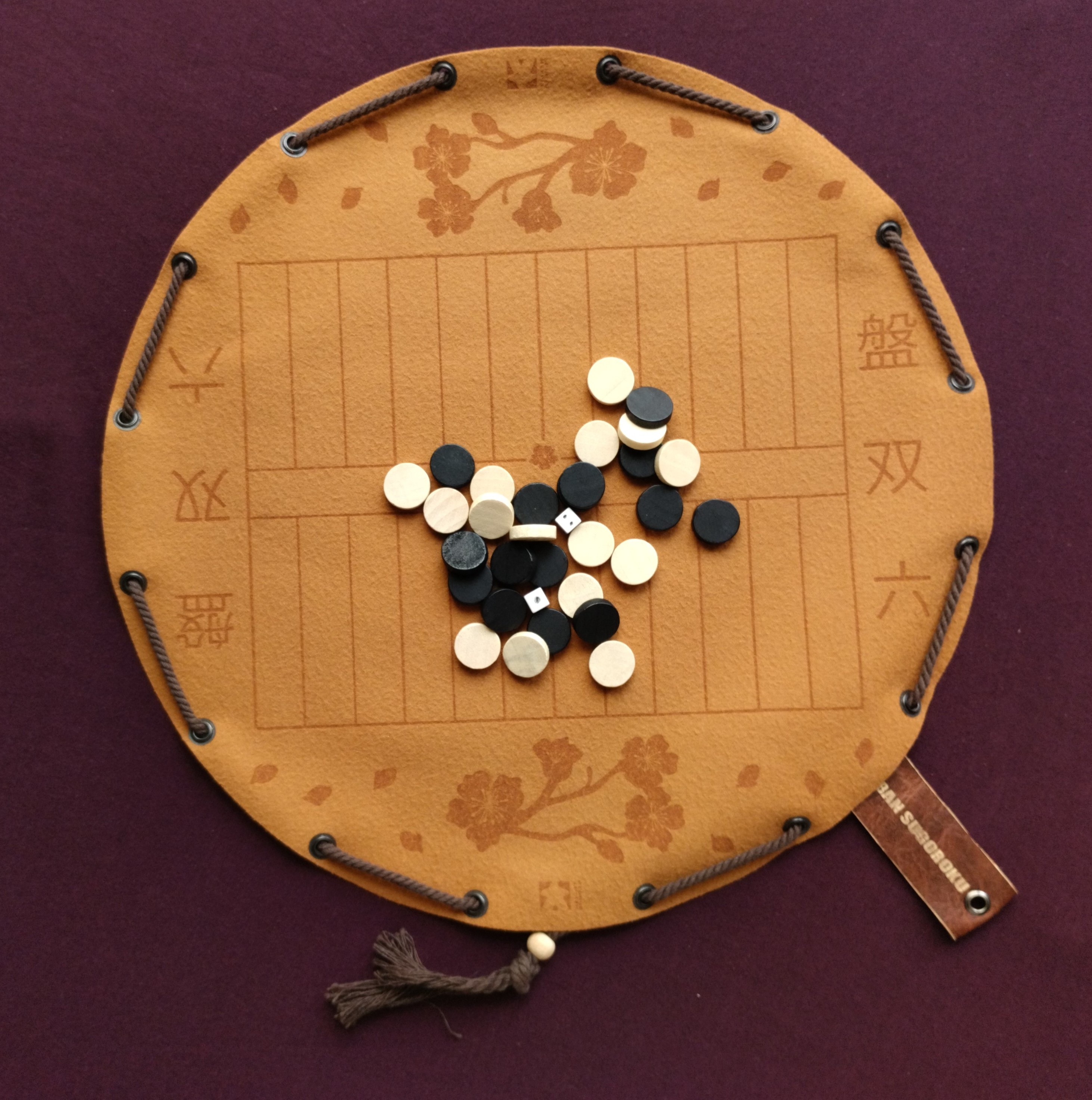 Ban Sugoroku traditional Japanese historical board game in faux leather pouch, 35cm, 13.78inch diameter