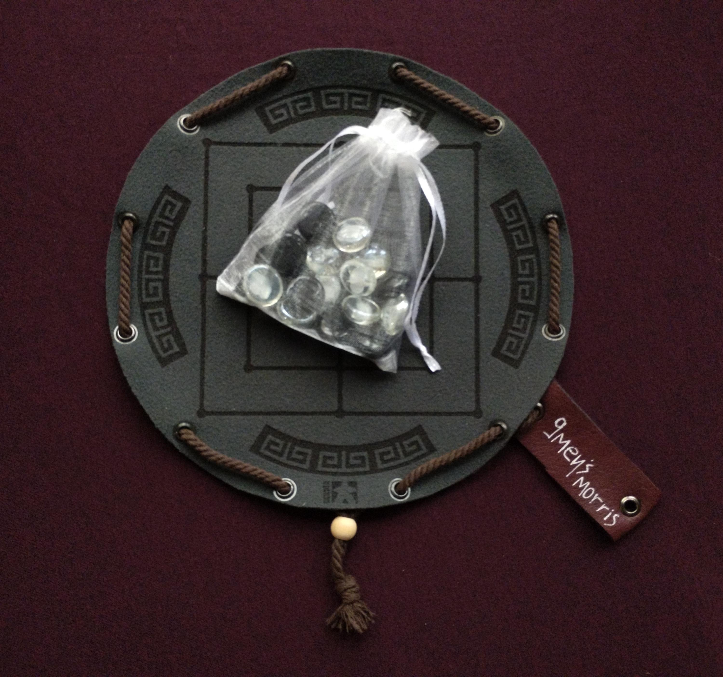 Nine Men's Morris ancient roman board game in dark green faux leather pouch, travel, portable, LARP