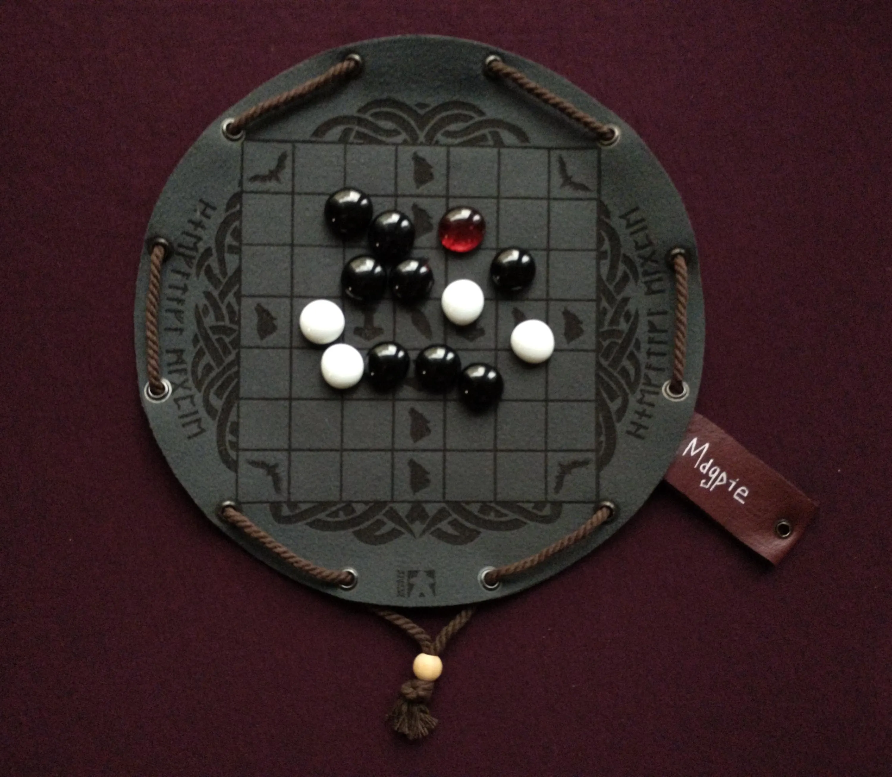Hnefatafl Magpie Viking Chess ancient historical board game in faux leather pouch dark green, 22.5cm, 8.85inch diameter