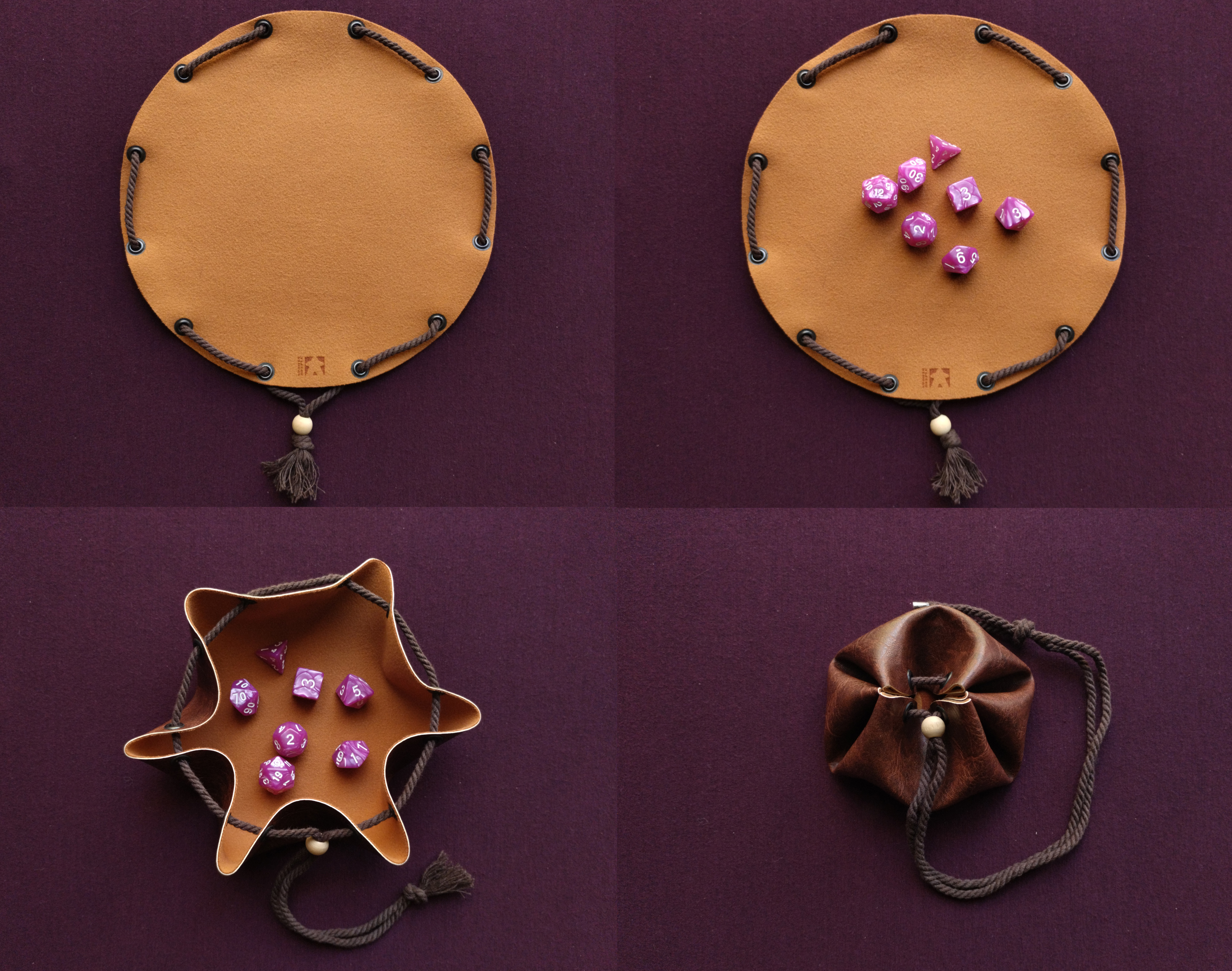 Drawstring leather dice bag pouch & dice tray set of 7 dice dnd rpg d20