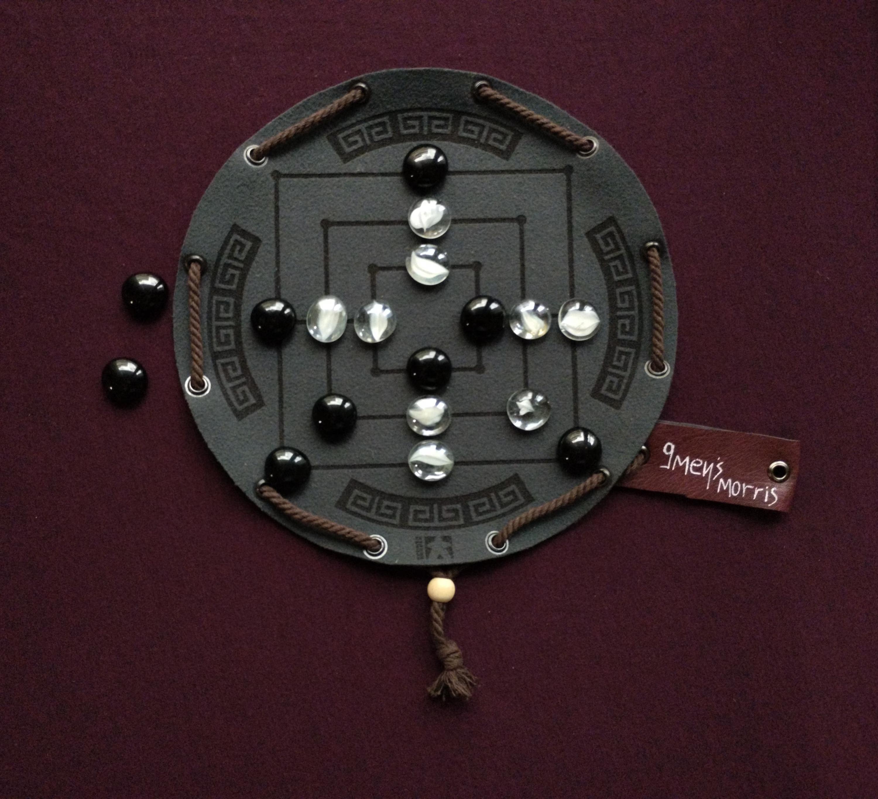 Nine Men's Morris ancient roman board game in dark green faux leather pouch, travel, portable, LARP