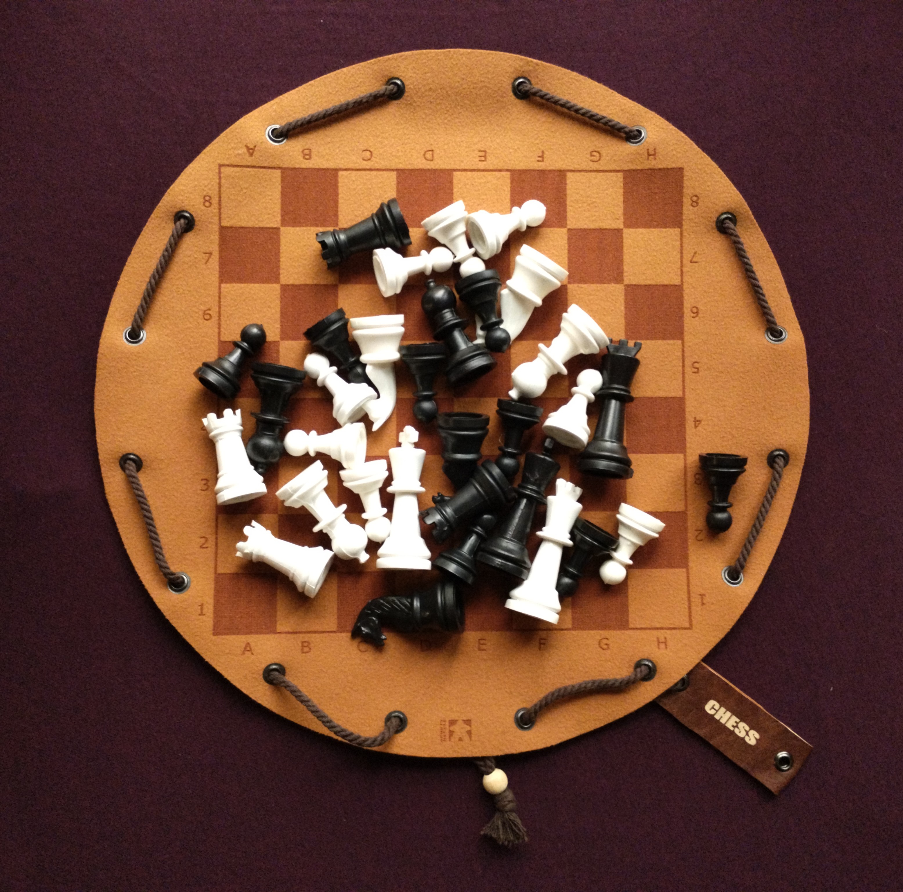 Chess traditional historical board game in faux leather pouch, 35cm, 13.78 inches diameter