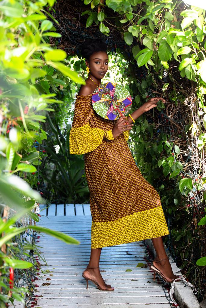 Burgundy & Yellow Long Loose Dress With Flared Sleeves