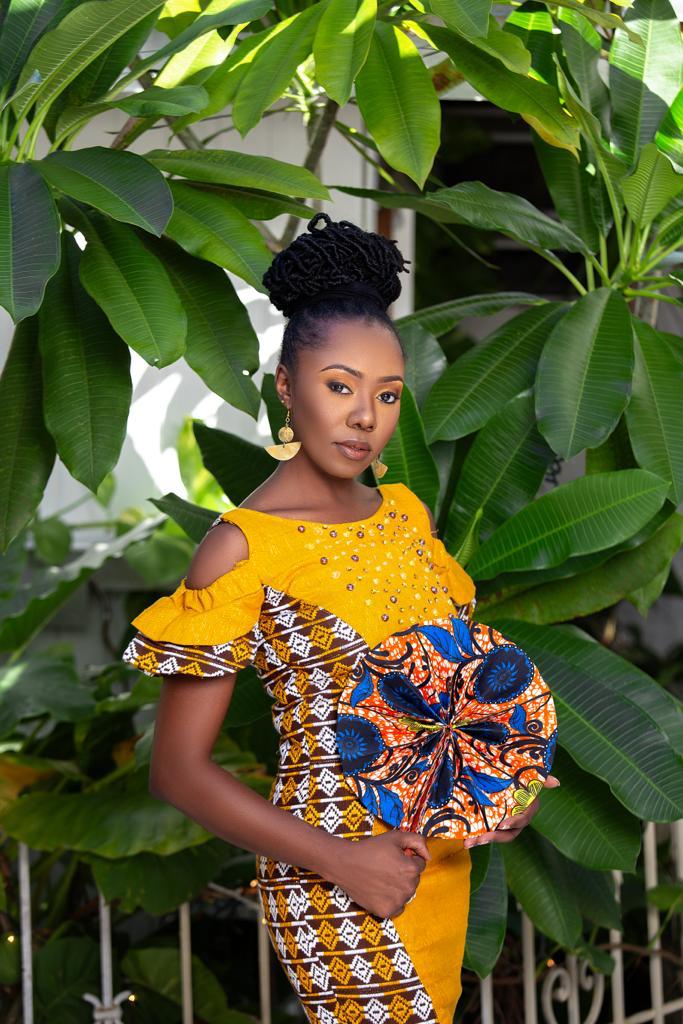 Gold, White & Brown Kente Fabric In Off The Shoulders Flared Arms Fitted Dress
