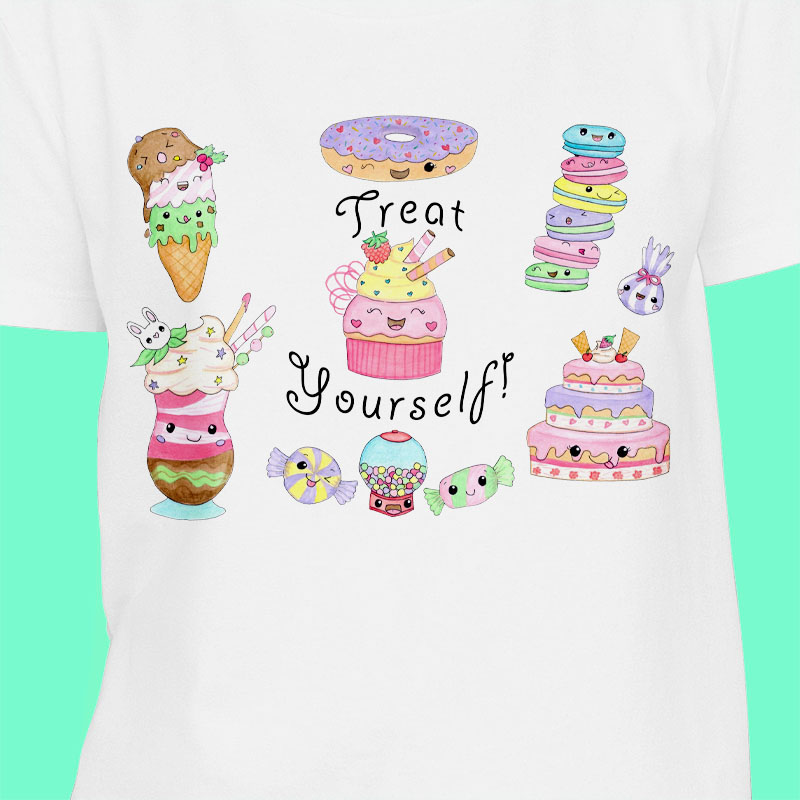 White T shirt Women: Cotton T shirt "Treat Yourself" Womens T-shirts with Kawaii Cake