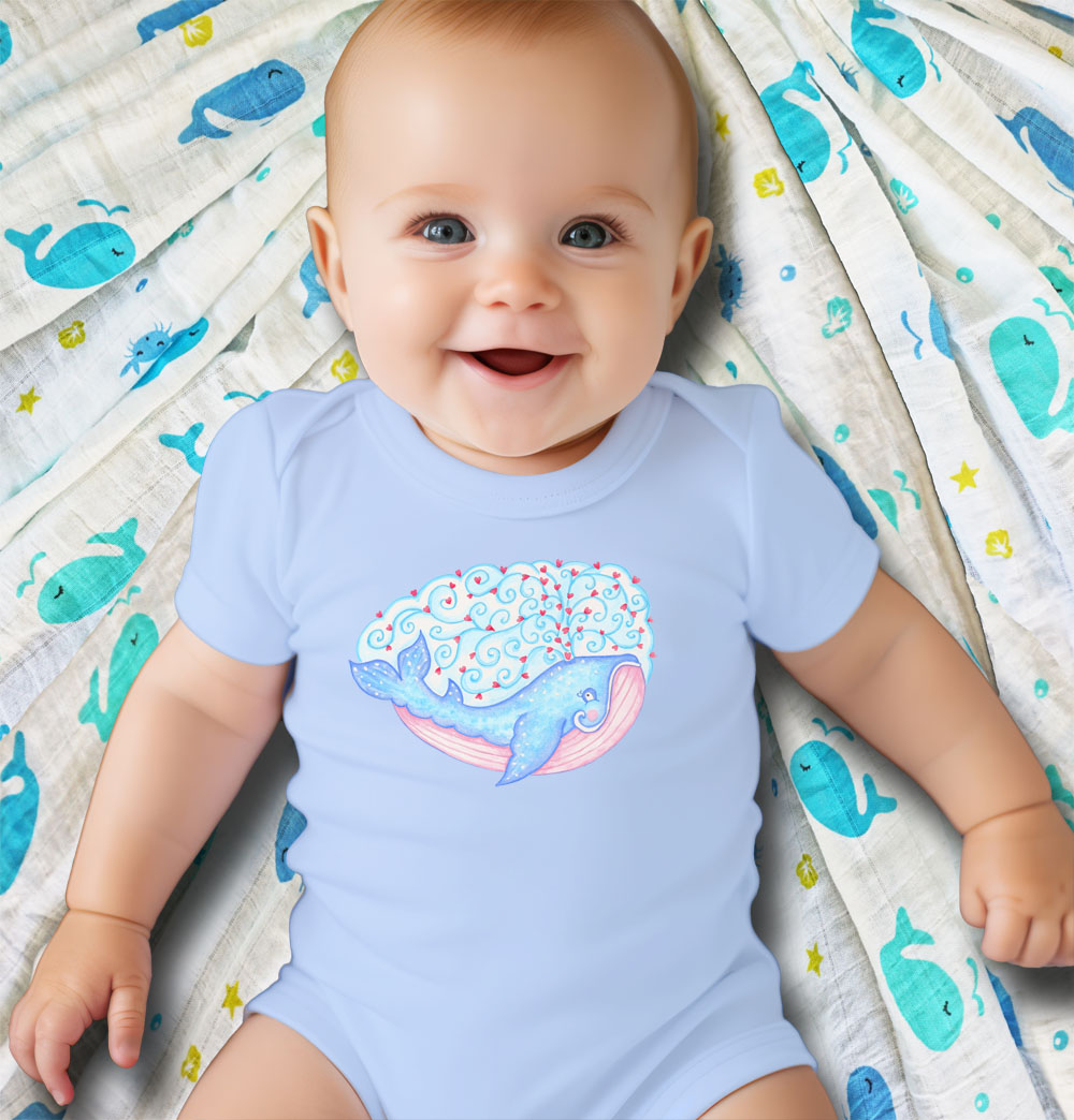 Baby gift set: Blue onesie with whale print. Baby romper and baby wrap gift set for newborn