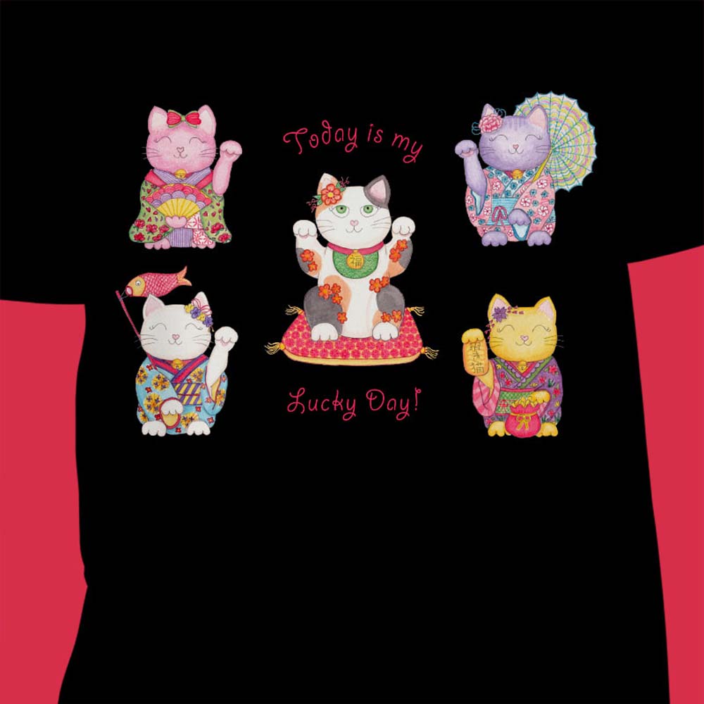 Womens Graphic Tees: Black T shirt "Today is my Lucky Day" Women's T shirts with Maneki Neko Lucky Cat