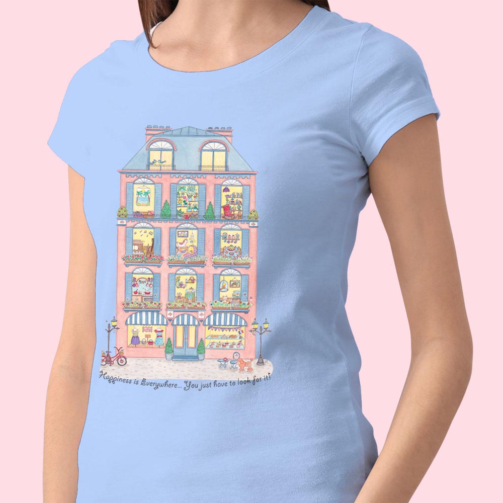 Women's T shirts: Blue T shirt "Happiness is Everywhere" Womens Graphic Tees