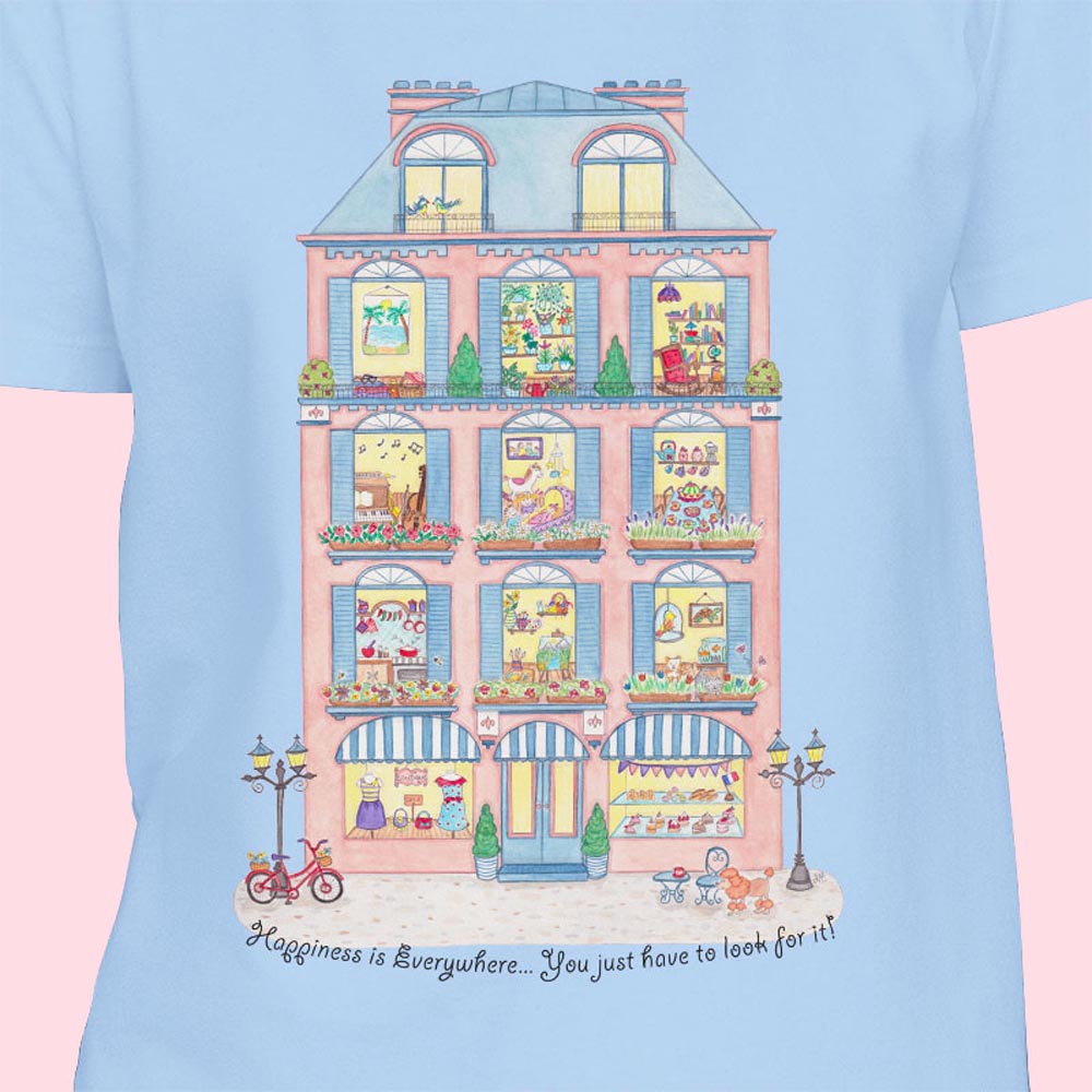 Women's T shirts: Blue T shirt "Happiness is Everywhere" Womens Graphic Tees