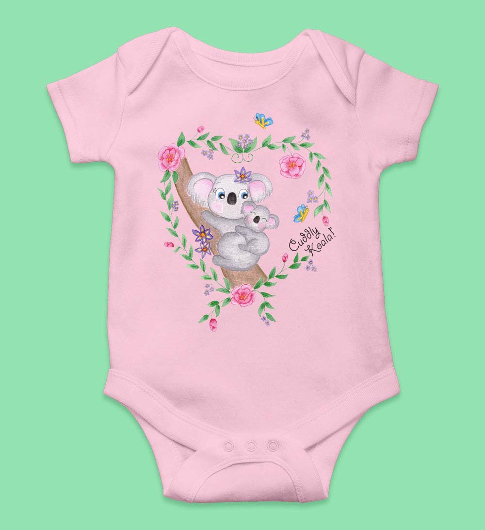Baby Girl Clothes: Koala Onesie "Cuddly Koala" Pink Romper with Baby Tutu and Flower Headband