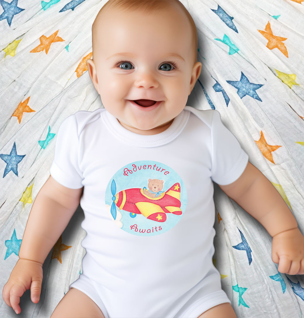 Bear onesie for newborn: Baby boy gifts "Adventure Awaits" Bear onesie with baby wraps. Baby gift set, white infant romper, white infant onesie