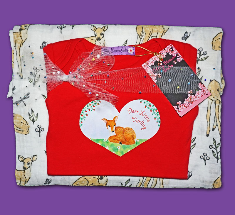 Red bodysuit: Baby girl gifts "Deer Little Darling" Rompers and baby wraps. Baby gift set, baby girl rompers, gift set for newborn