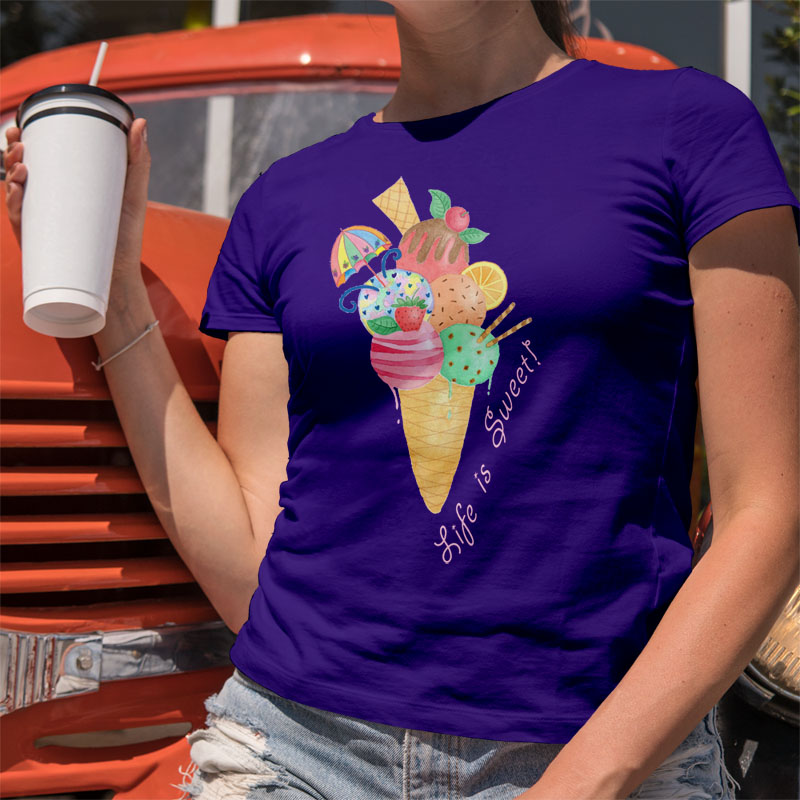 Purple T shirt: Purple Colour T shirt "Life is Sweet" Womens Graphic Tees with Icecream Cone