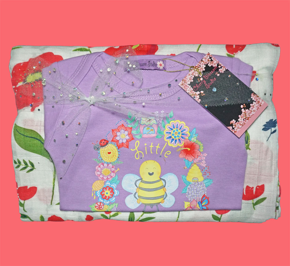 Baby girl gifts: Purple bodysuit "Little Honey" with cute bee, baby girl rompers and baby wraps; Baby gift set