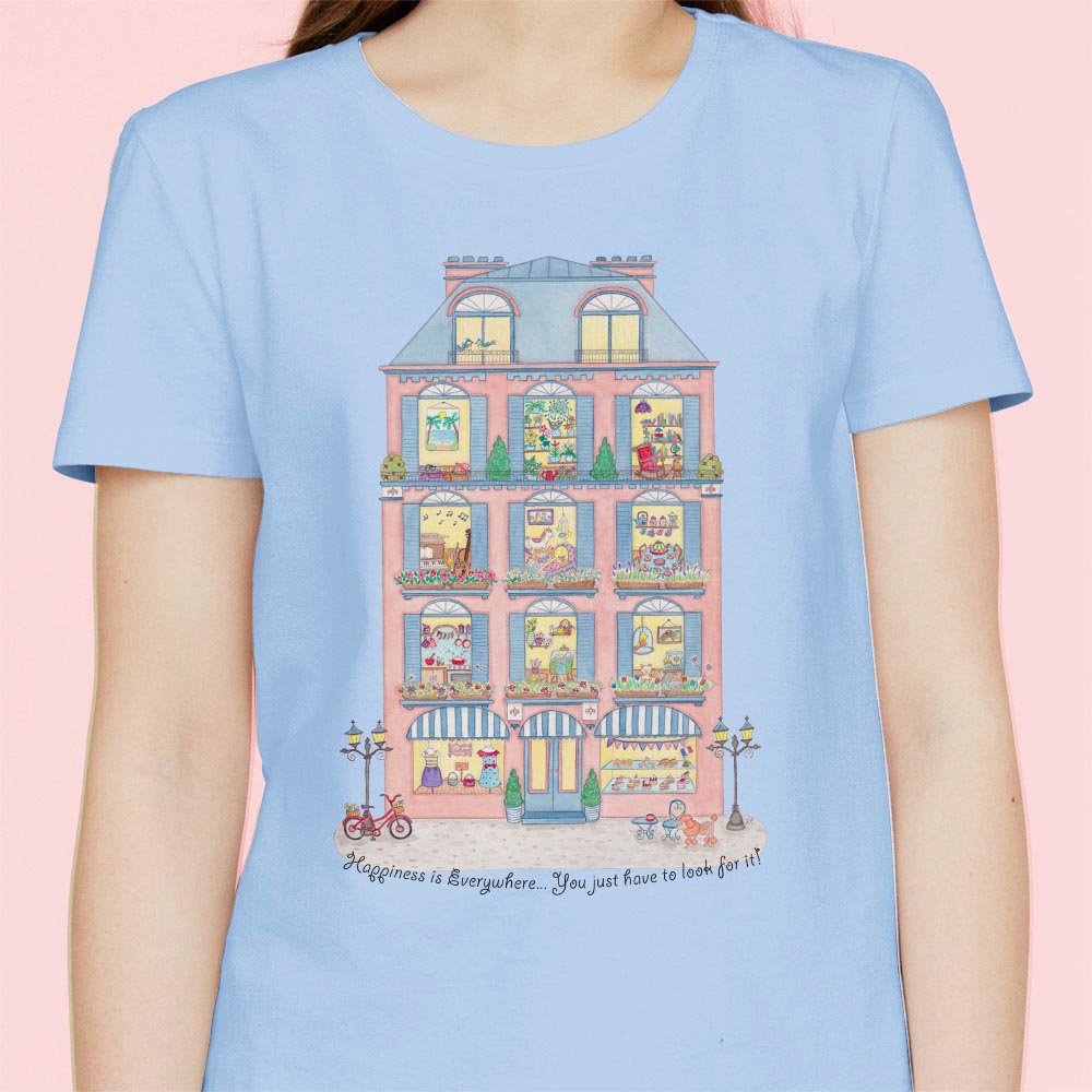 Women's T shirts: Blue T shirt "Happiness is Everywhere" Womens Graphic Tees