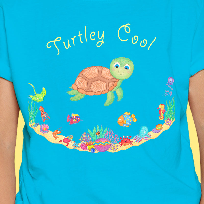 Blue T Shirt: Turtle T Shirt "Turtley Cool", Blue colour T Shirt with Cute Turtle for Kids