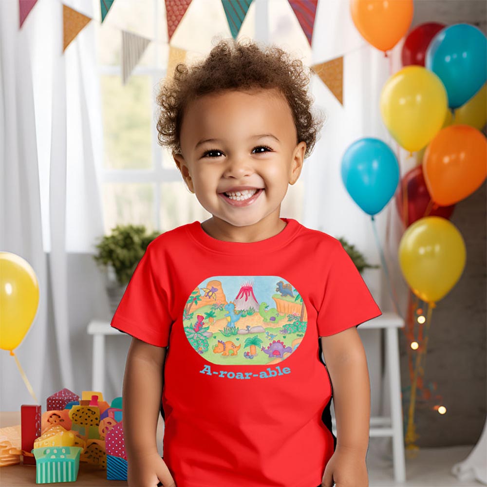 Toddler Boys Clothes: Dino T shirt "A-Roar-Able” Red T Shirt Kids with Cute Dinosaurs