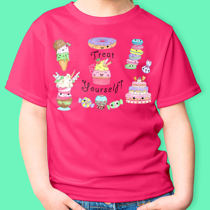 Girls T shirts: Hot Pink T shirt "Treat Yourself" Girl T shirt with Kawaii Cake