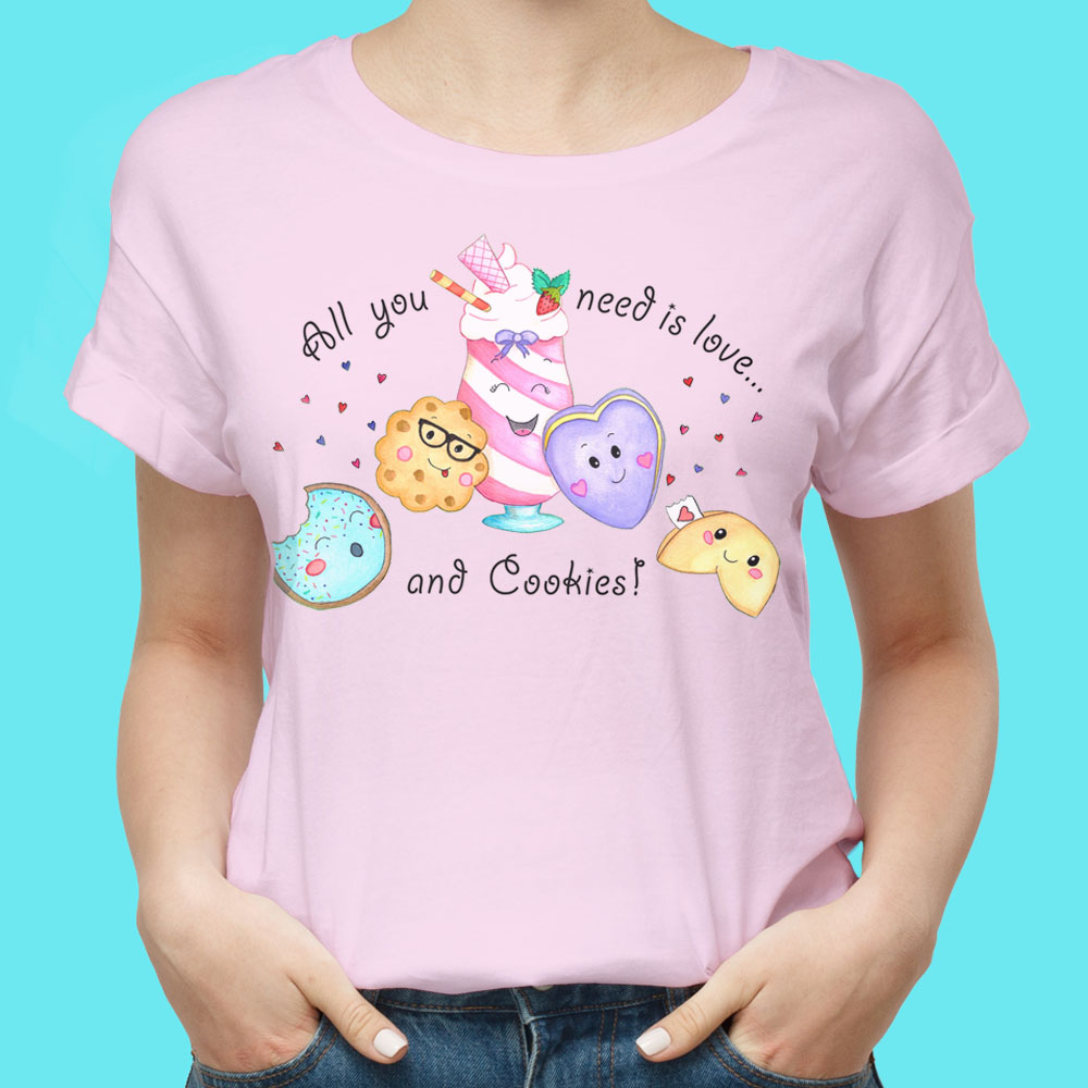 Girls T shirts: Cute T Shirts "All You Need is Love and Cookies" Girl T shirt with Cute Cookies